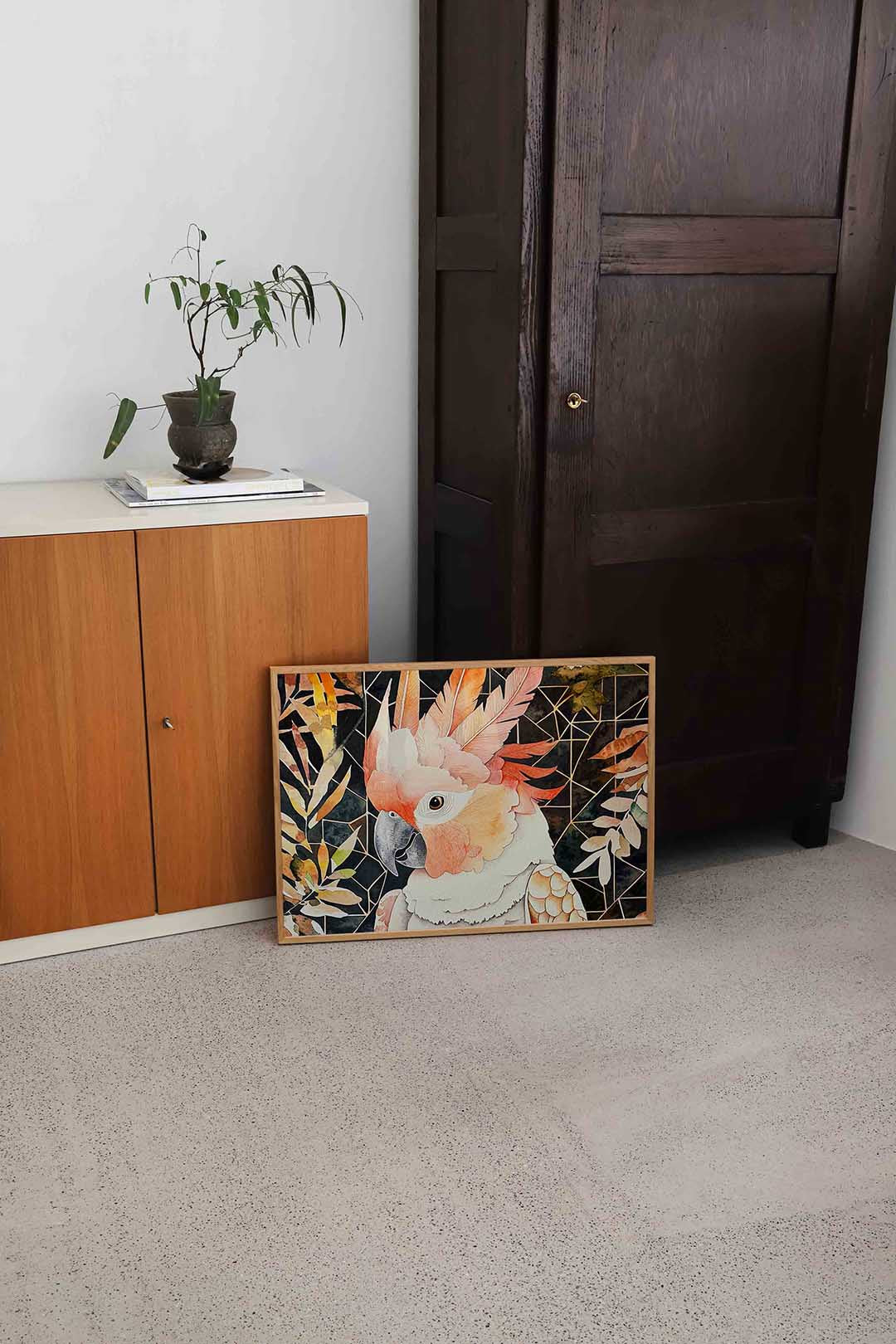 Papegaai met bladeren – dierenillustratie als landscape poster