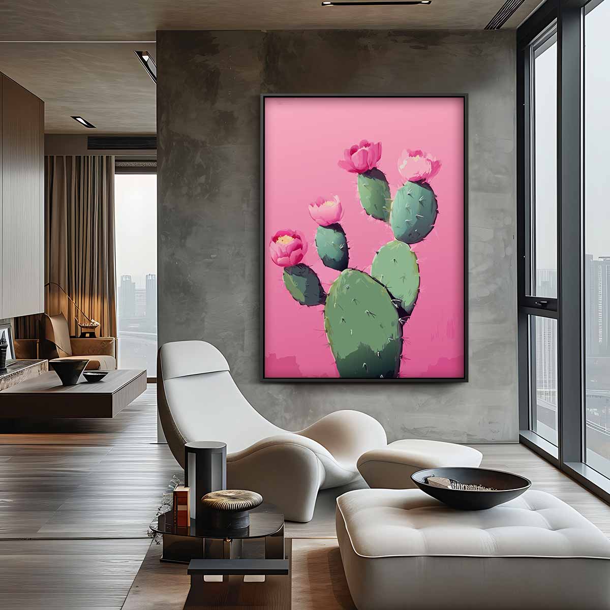Bloeiende Cactus op Roze – staand kunstwerk voor modern interieur