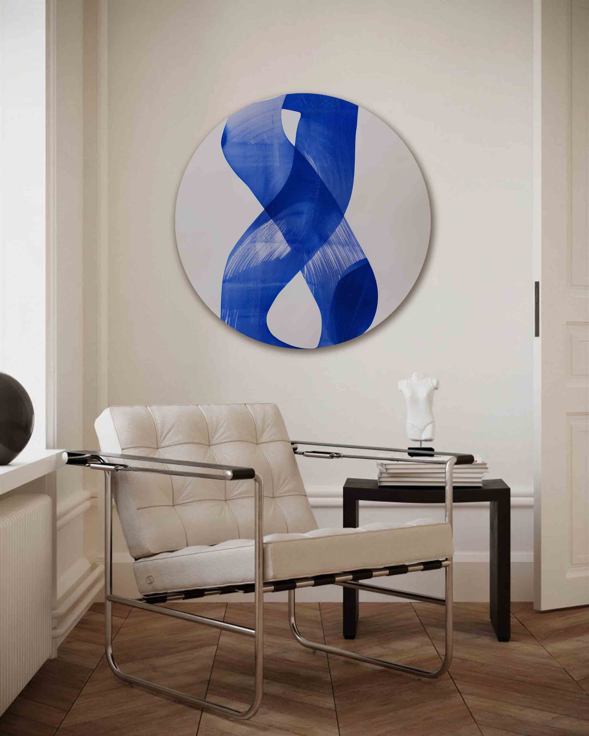 Blauwe vormen – kleurrijke muurcirkel als ronde wanddecoratie