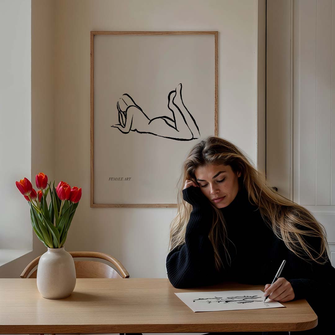 Elegante Vrouwelijke Lijntekening – lijntekening poster in staand formaat