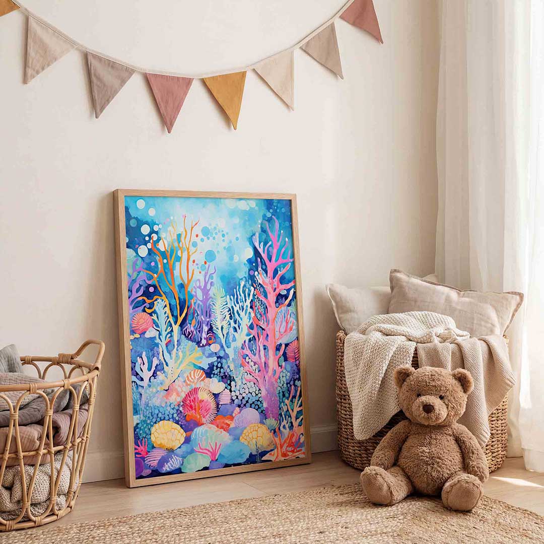 Kleurrijke koraalriffen – speelse wandkunst als portret kinderposter