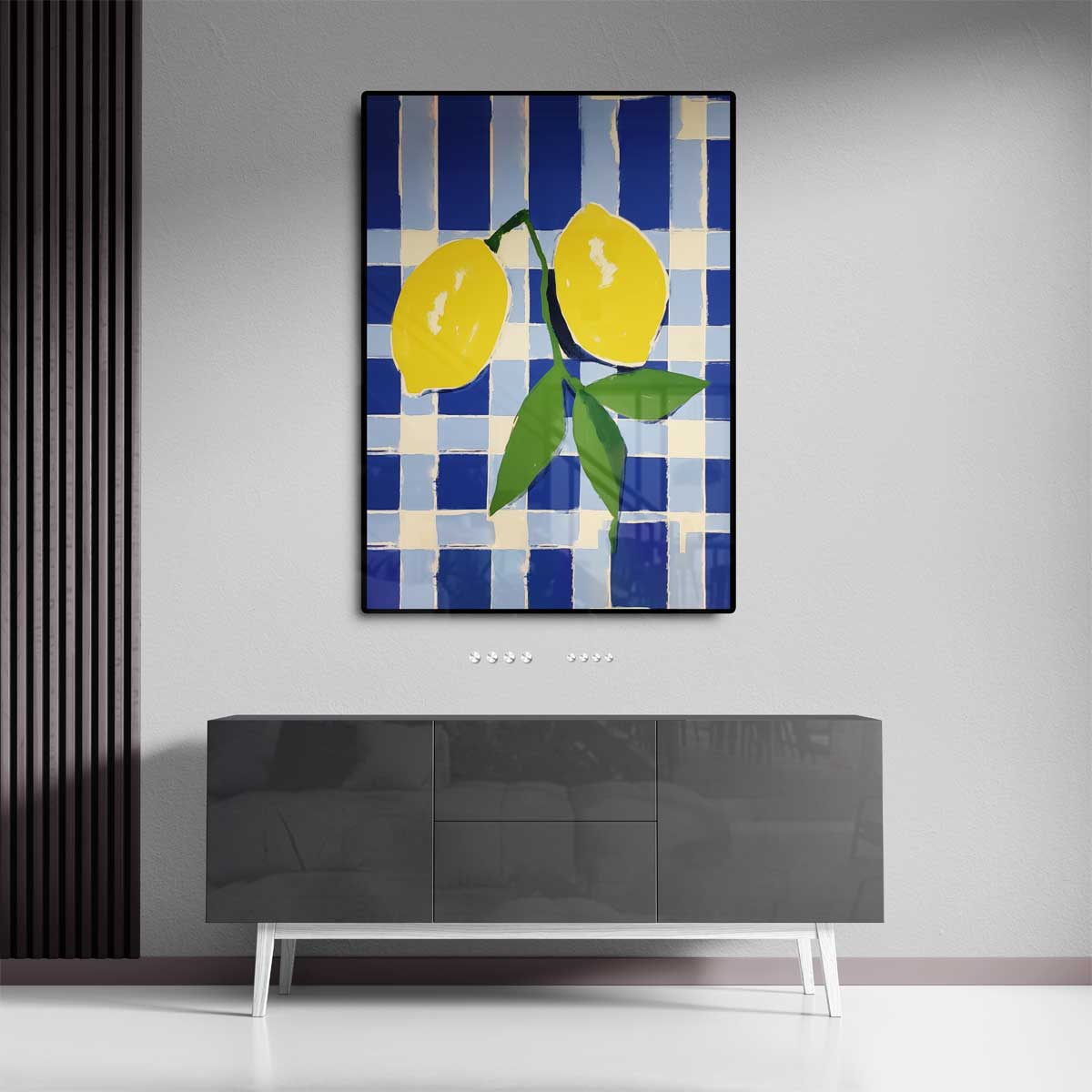Zonnige Citroenen op Blauwe Schachtdoeken – dibond wanddecoratie in staand formaat