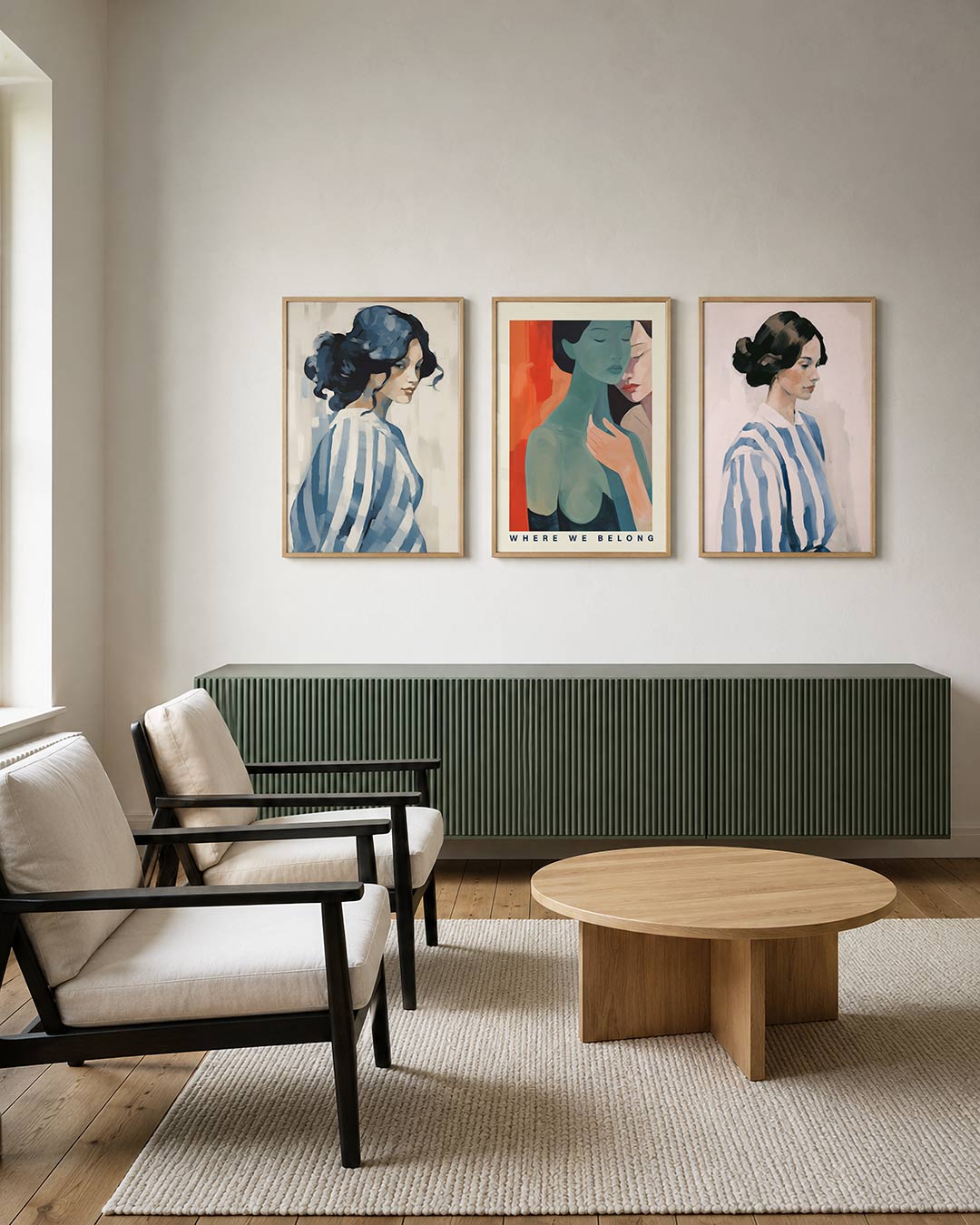 Blauwe strepen harmonie posterset – derde productweergave – een vrouw met golvend donker haar, gehuld in een blauw-wit