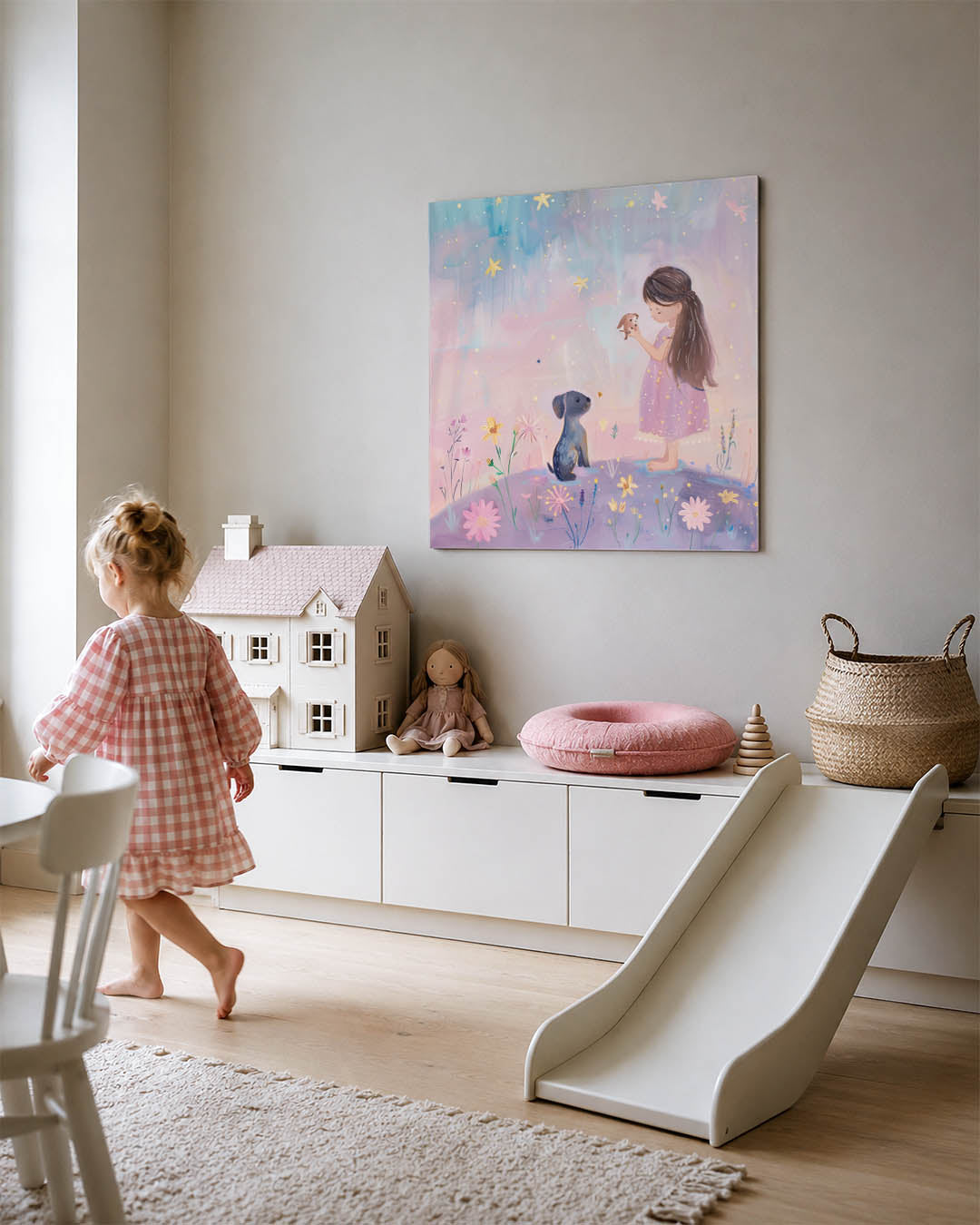 Dromerig kindertafereel kunstwerk – tweede productweergave – dit werk toont een tafereel met een kind en dieren omringd door