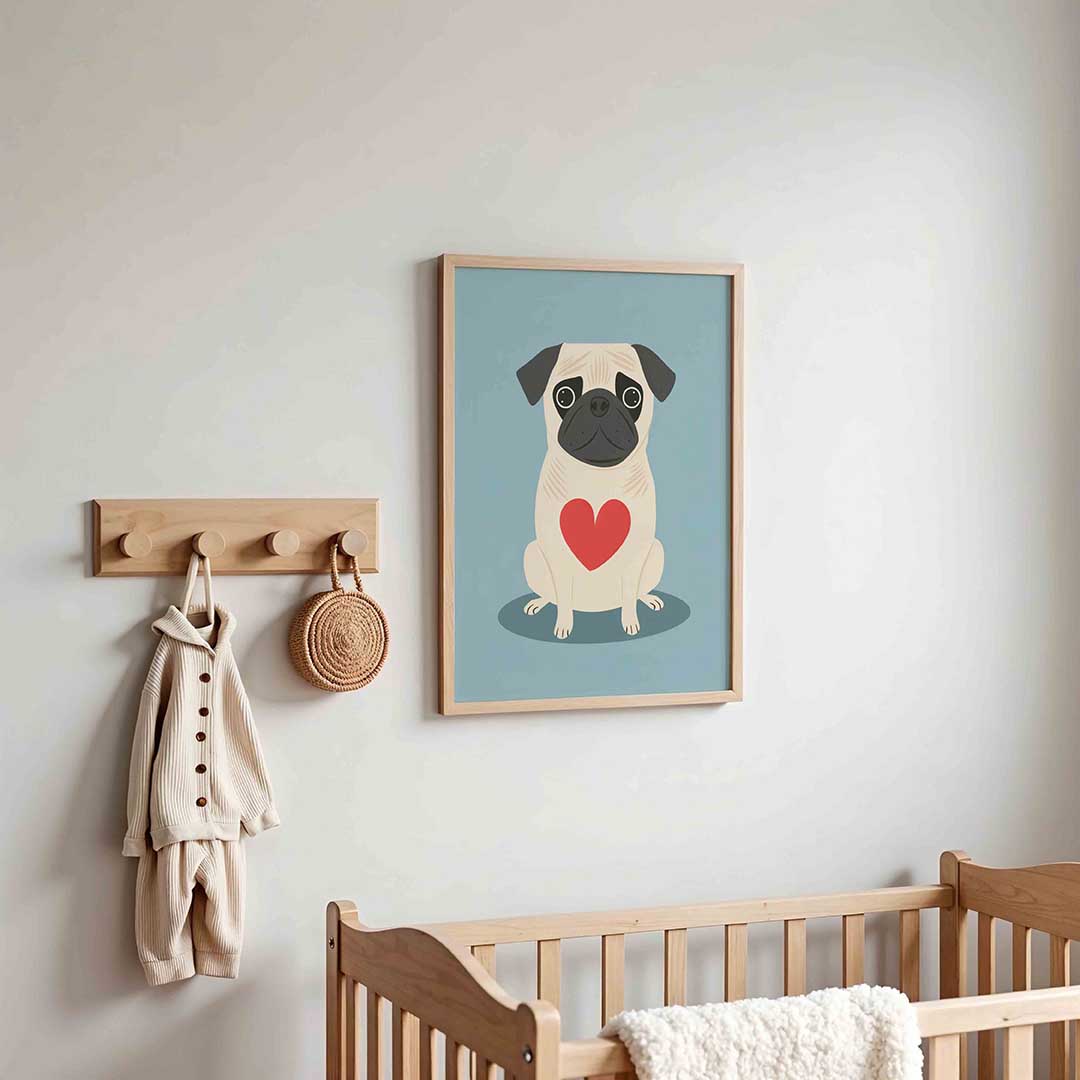 Mopshond met hart – kinderposter in staand formaat