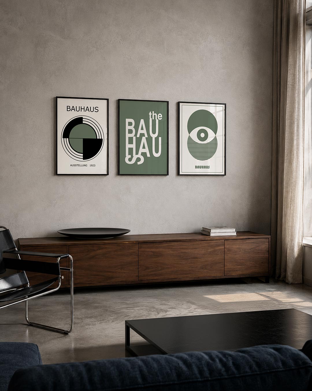 Cirkelritme en lijnen driedelige posterset – deze posterset in drie delen toont een centrale cirkel met halve zwarte vlakken