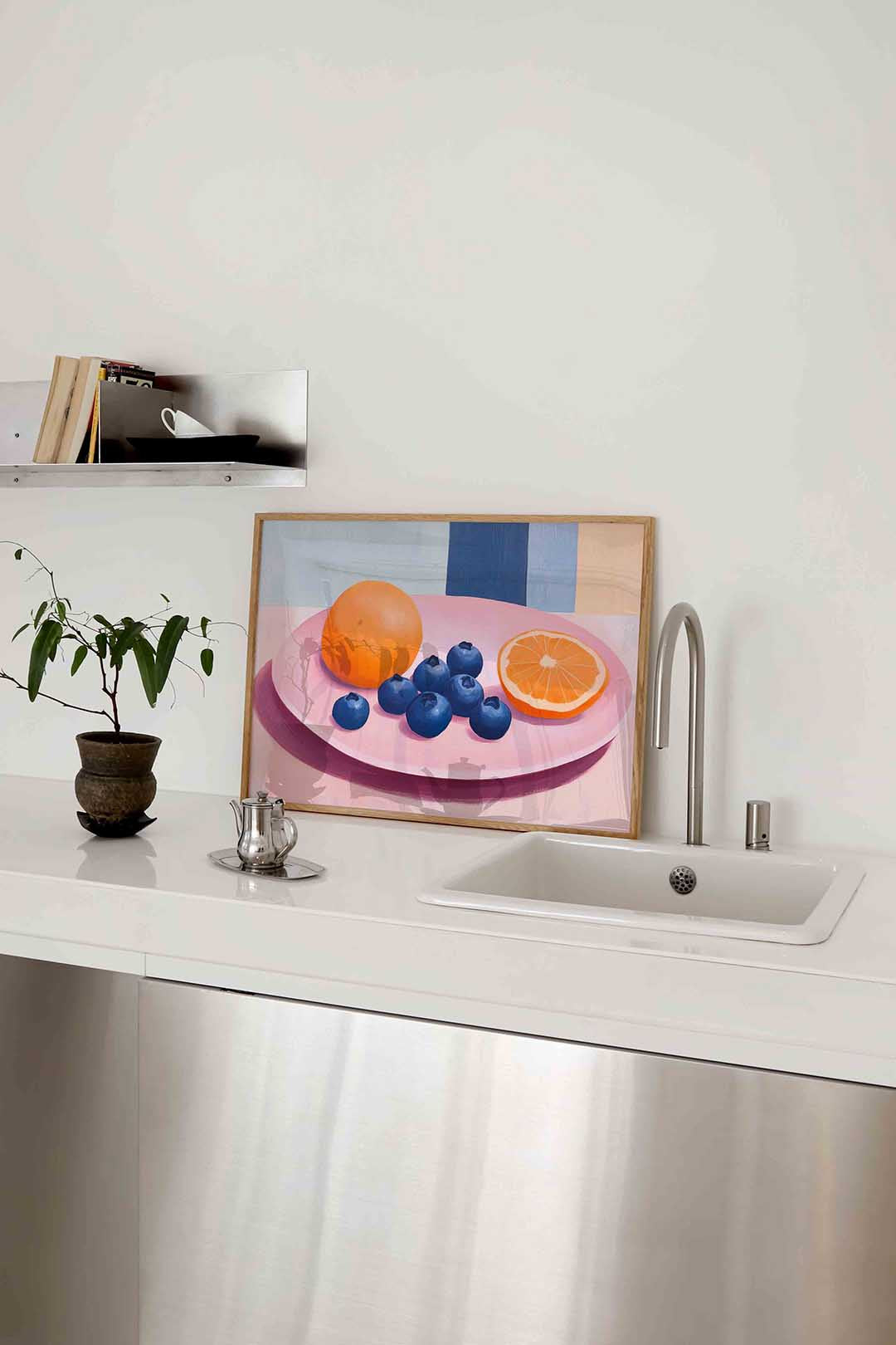 Fruit op roze bord – keukenposter in liggend formaat