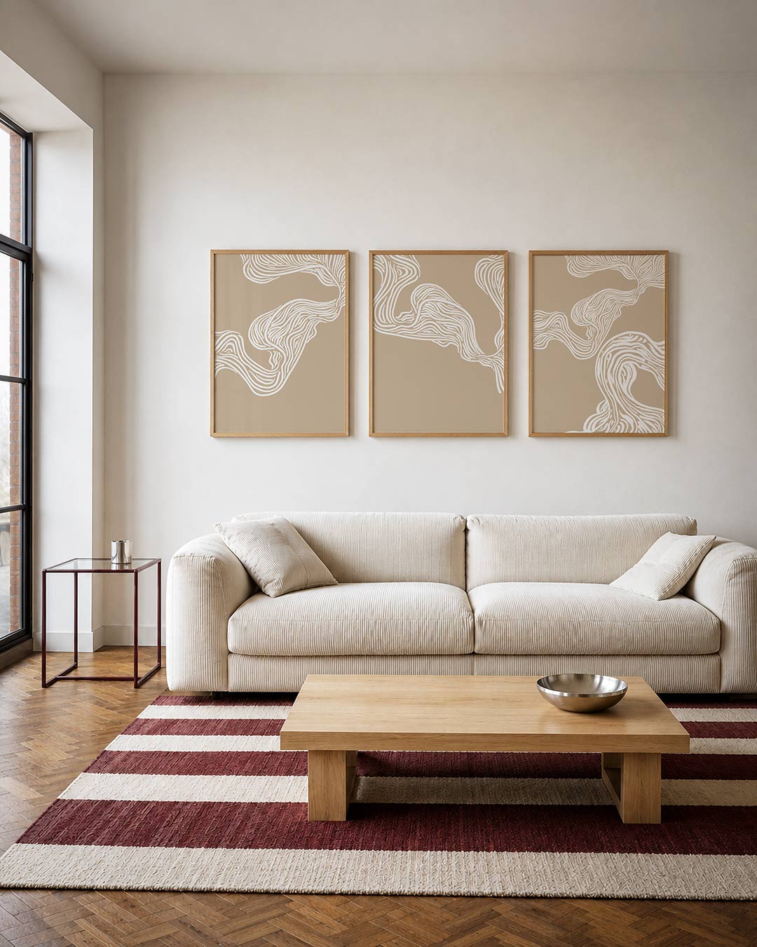 Golvende lijnen – deze posterset toont vloeiende witte lijnen op een beige achtergrond