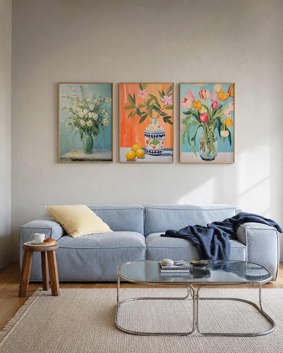 Bloemrijke harmonie posterset – tweede productweergave – een vaas met witte bloemen op een tafel, omgeven door