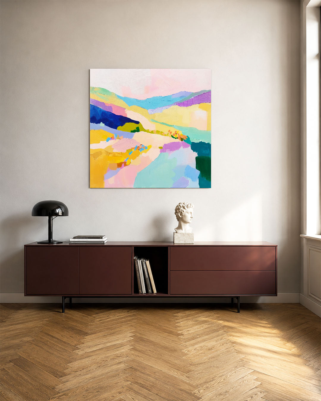 Kleurrijke landschap compositie kunstwerk – tweede productweergave – dit werk toont een levendige mix van kleuren en vormen