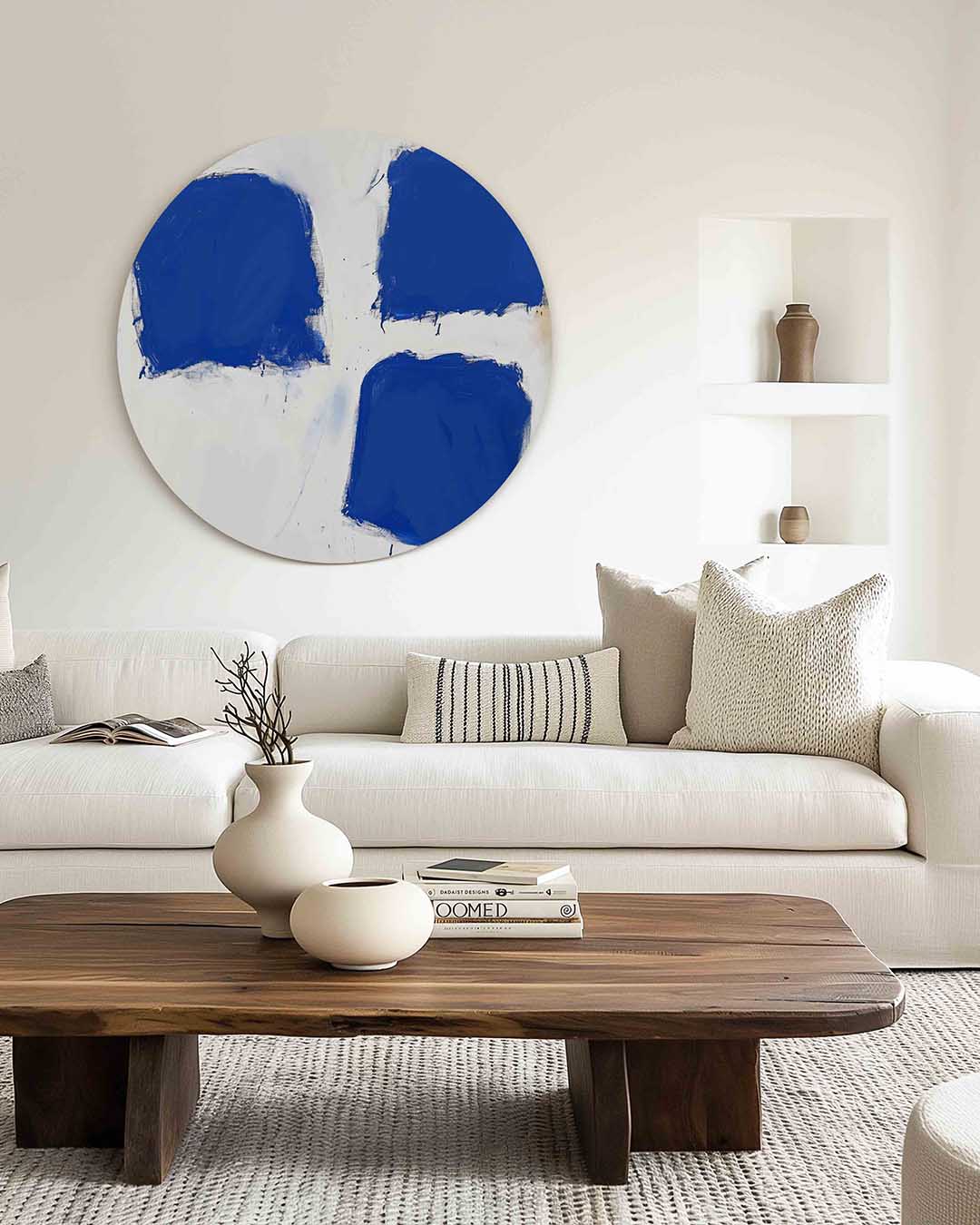 Blauwe vlakken – muurcirkel met kleur en vormen voor aan de muur