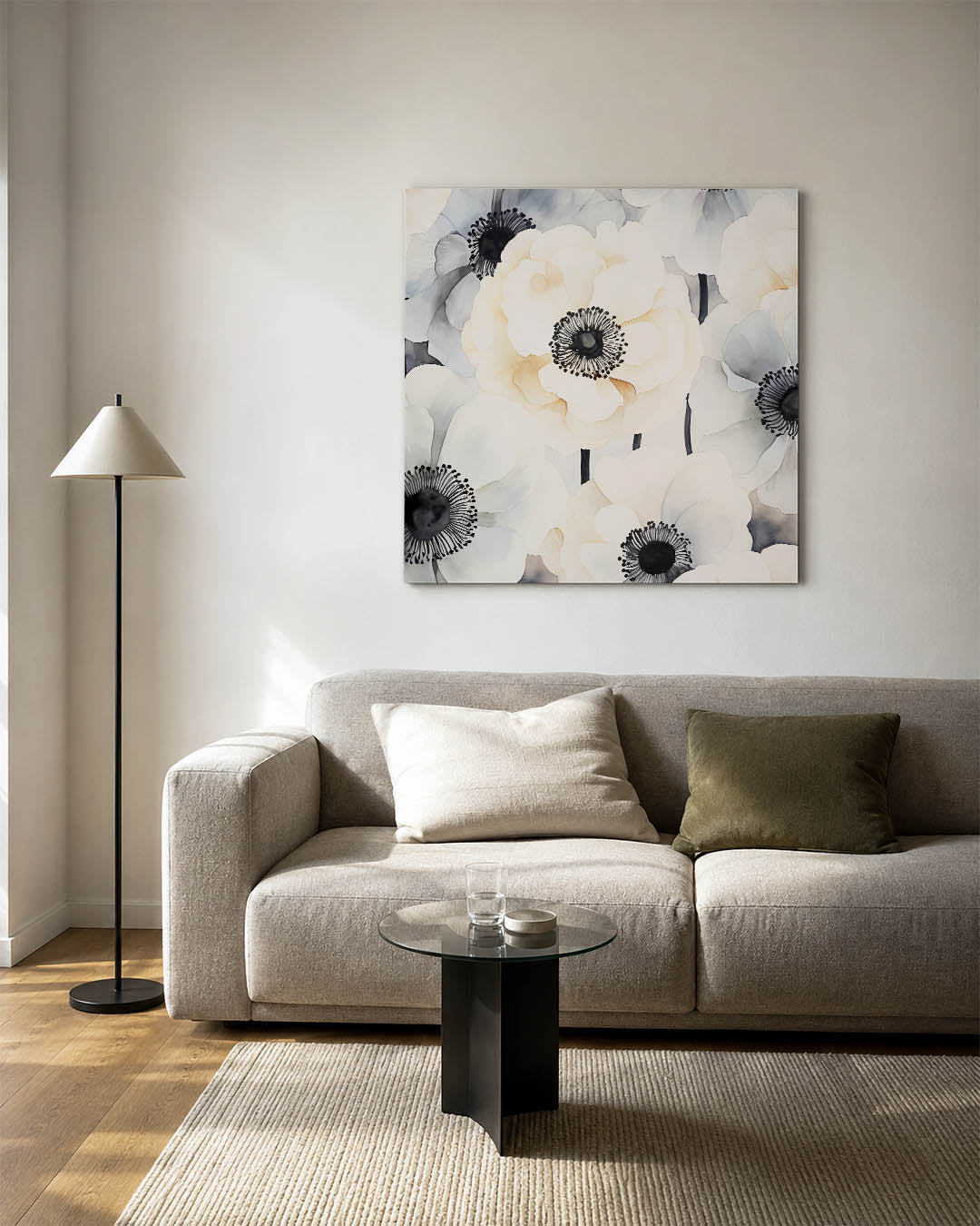 Bloemrijke compositie kunstwerk – vierkante wanddecoratie – dit kunstwerk toont delicate bloemen in zachte tinten, met