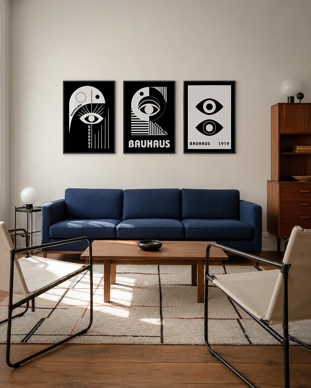 Oog en lijnen driedelige posterset – een zwart-wit compositie met een centraal oog, omringd door strakke lijnen en cirkels.
