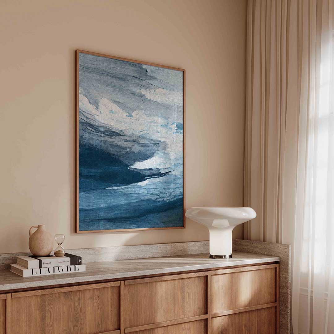 Blauwe en grijze golven – abstracte poster in staand formaat