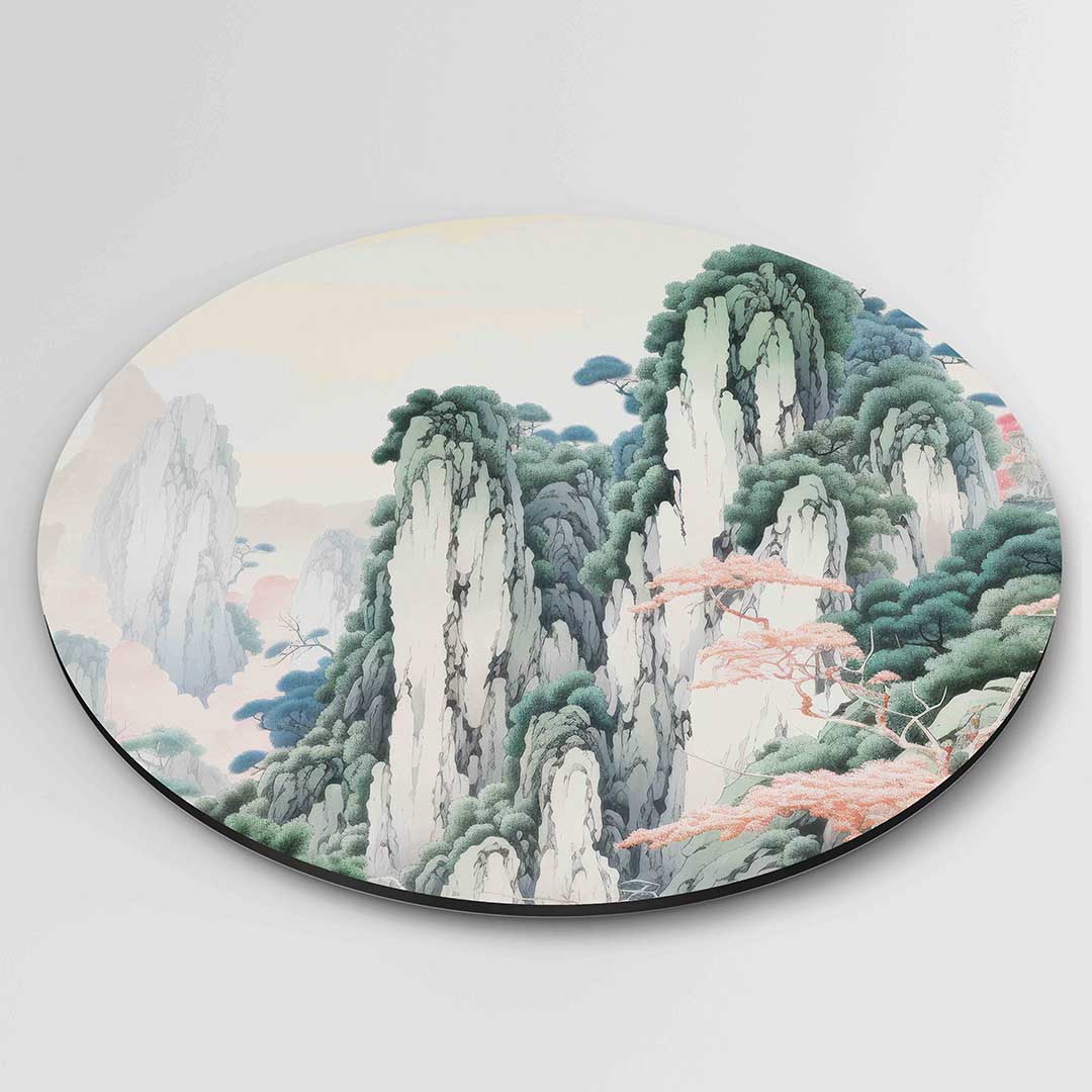 Berglandschap met bomen – ronde textuur wanddecoratie van WallArtistic