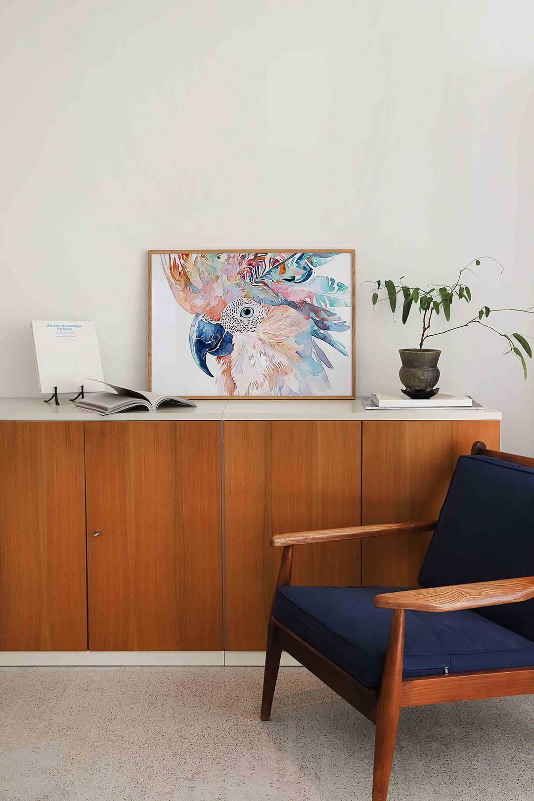 Papegaai met kleurrijke veren – liggende dieren wanddecoratie van WallArtistic