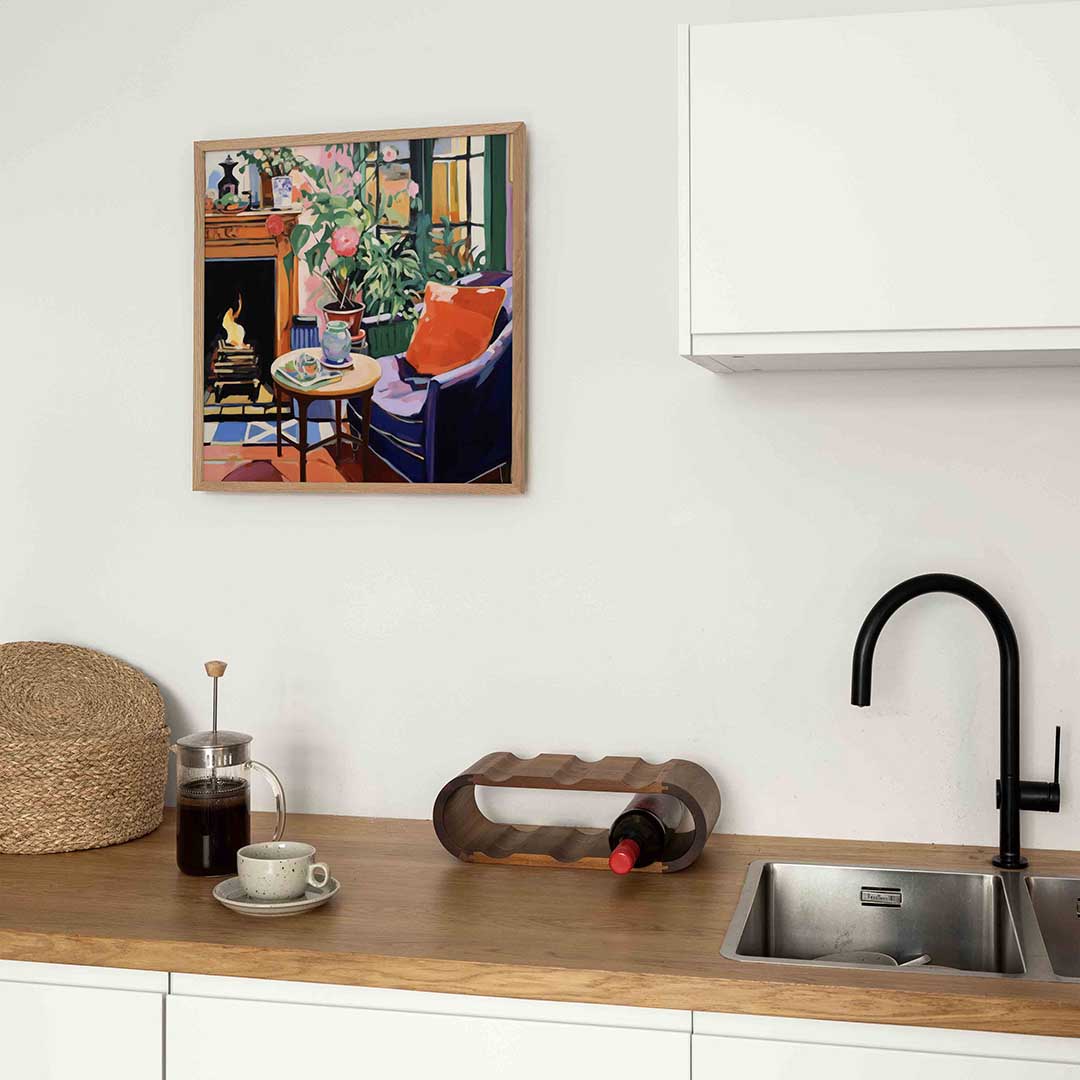 Interieur met open haard – keukenposter in vierkant formaat