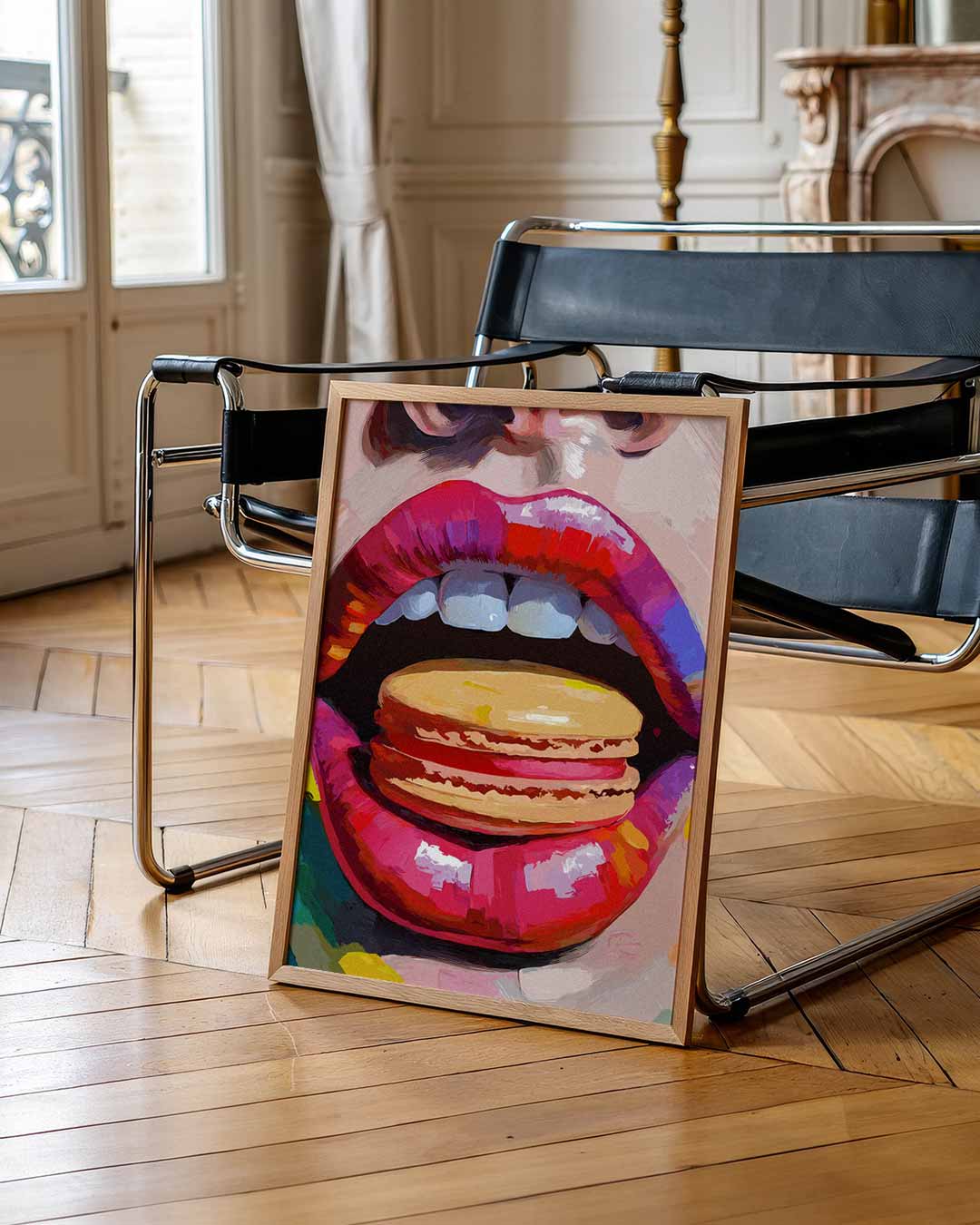 Kleurrijke Lippen Met Macaron – zomerse wandkunst als portret poster