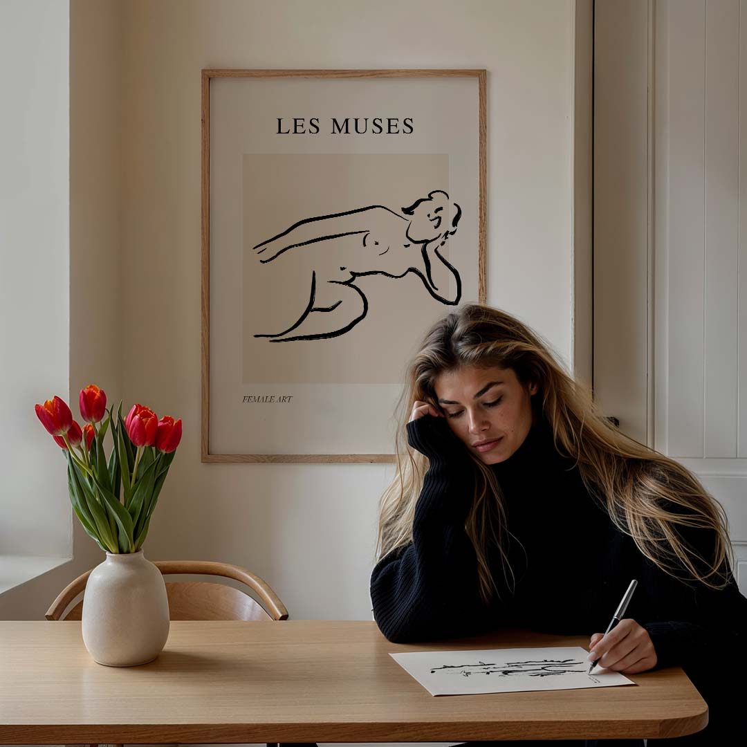 Les Muses Artistieke – lijntekening poster in staand formaat