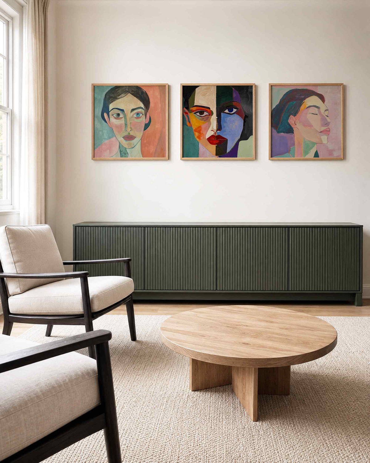 Interieurpresentatie van een driedelige vierkante posterset met abstracte portretten