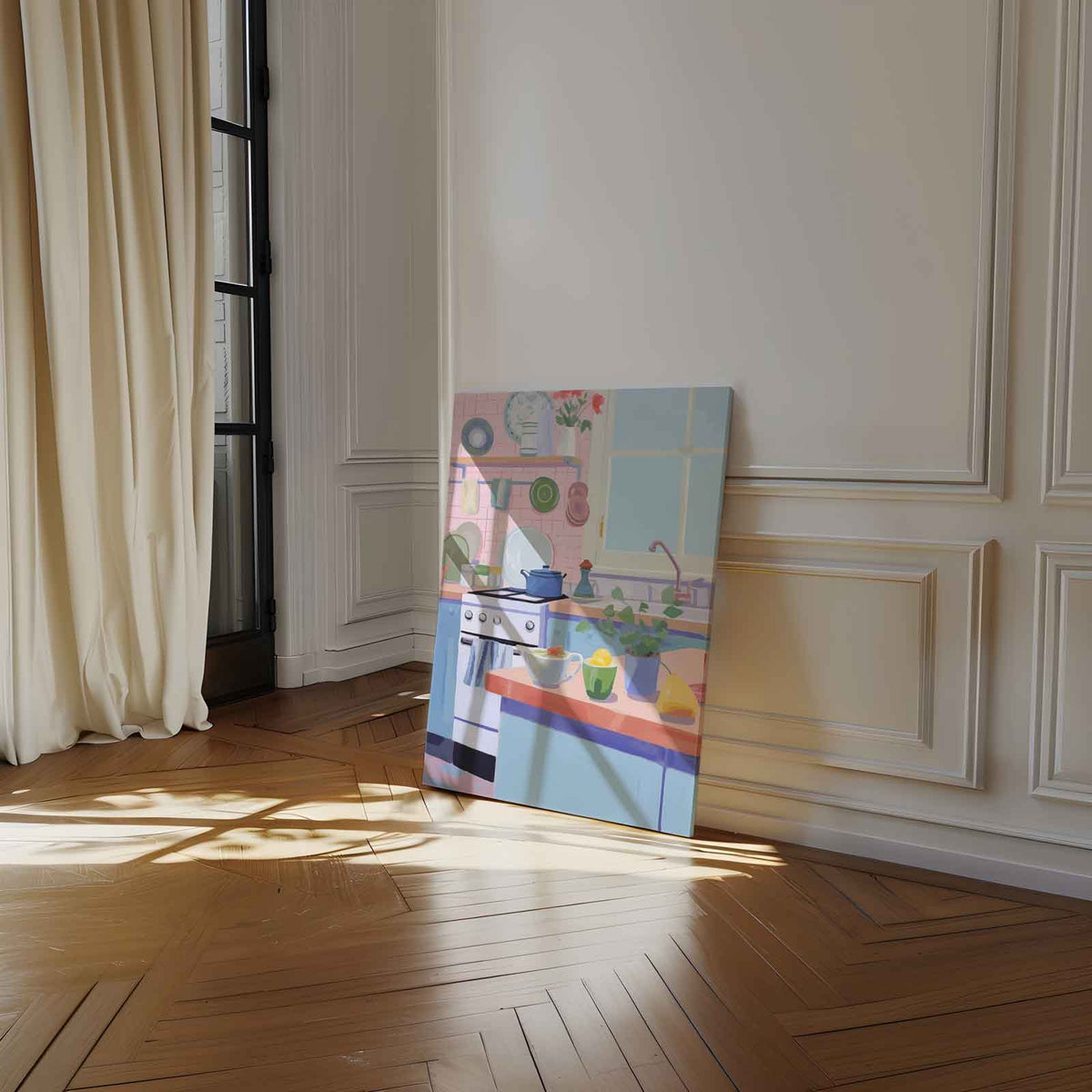 Kleurrijke Keukenidylle – staand kunstwerk voor modern interieur