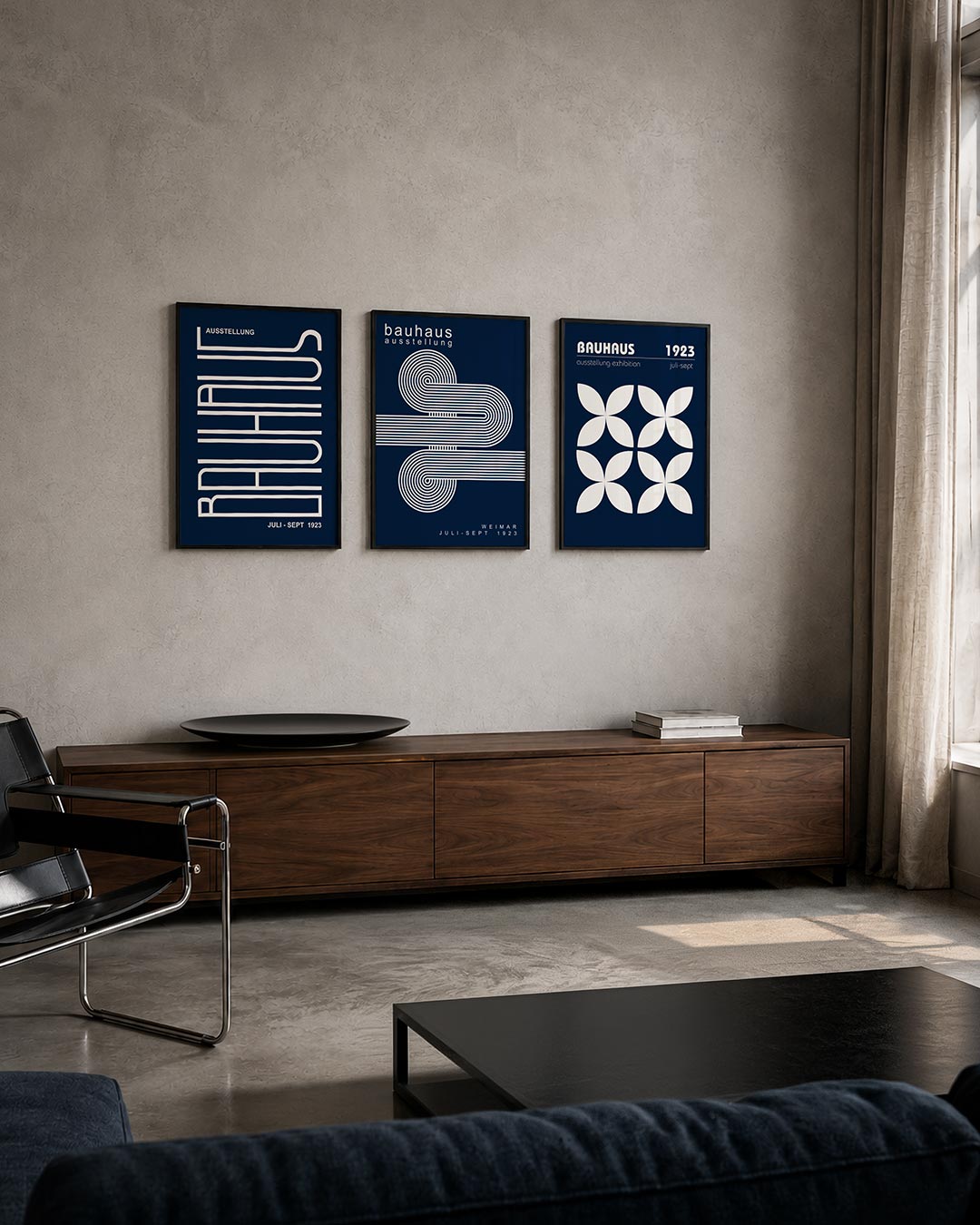 Lijnen en vlakken posterset – tweede productweergave – donkerblauwe achtergrond met witte, vloeiende lijnen die een ritmisch