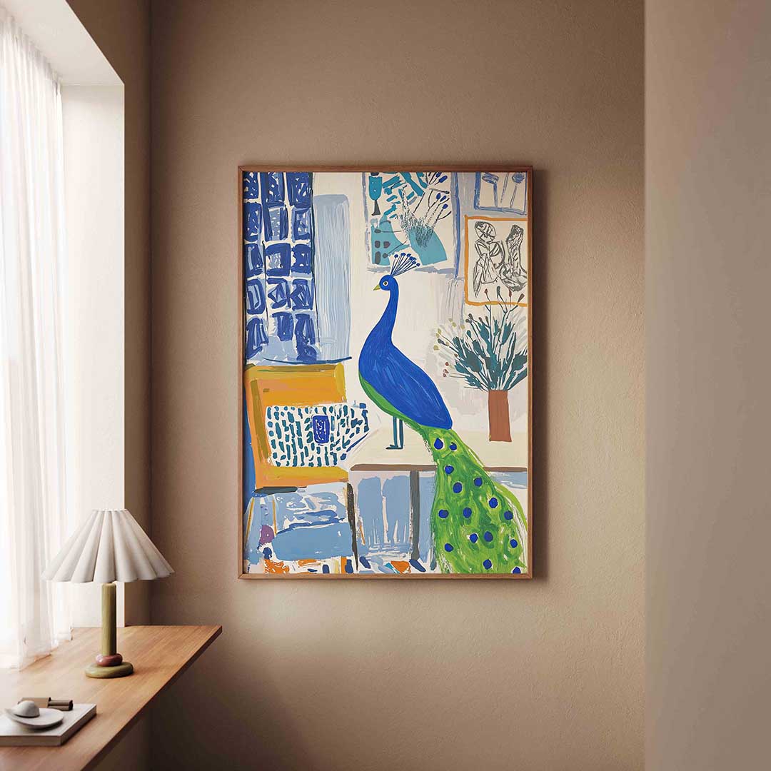 Pauw in interieur – staande dieren wanddecoratie van WallArtistic