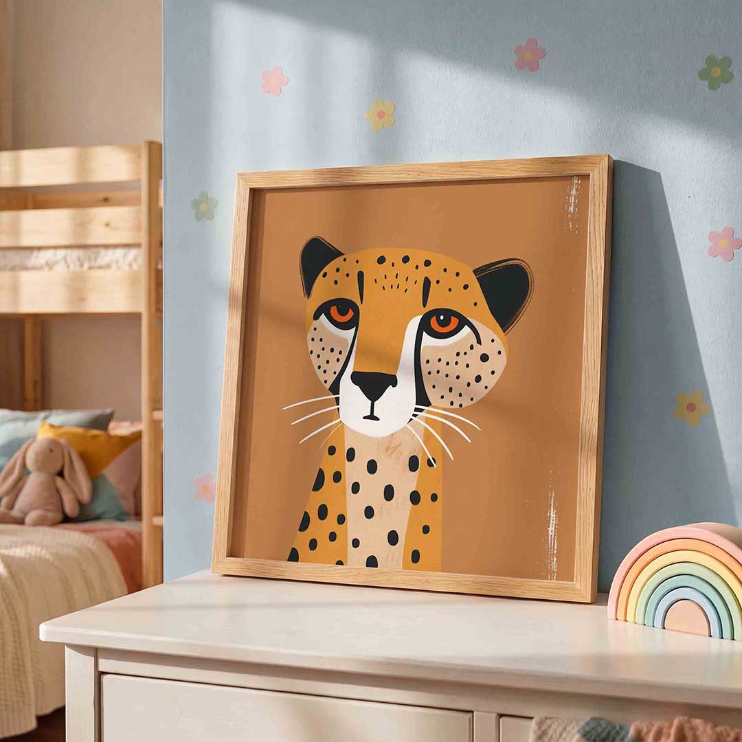 Luipaard portret – speelse wandkunst als vierkante kinderposter