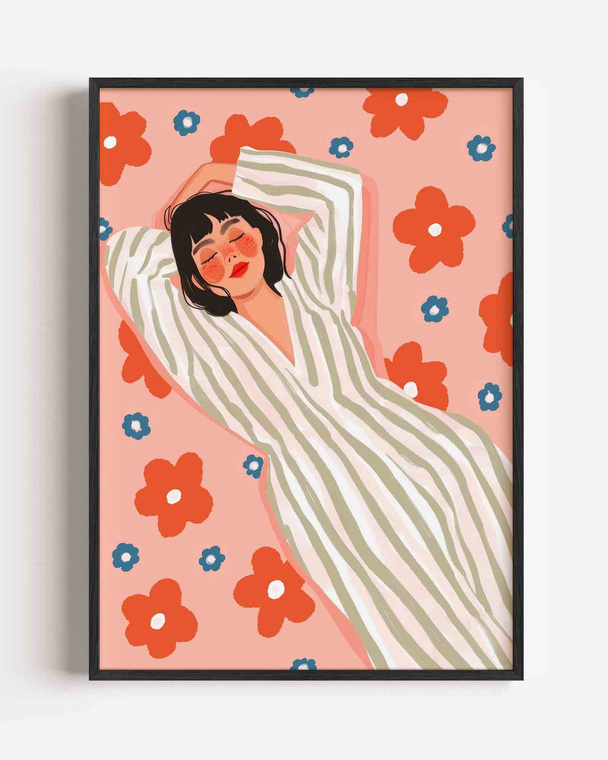 Vrouw in gestreepte jurk – kleurrijke illustratie portret poster als wanddecoratie