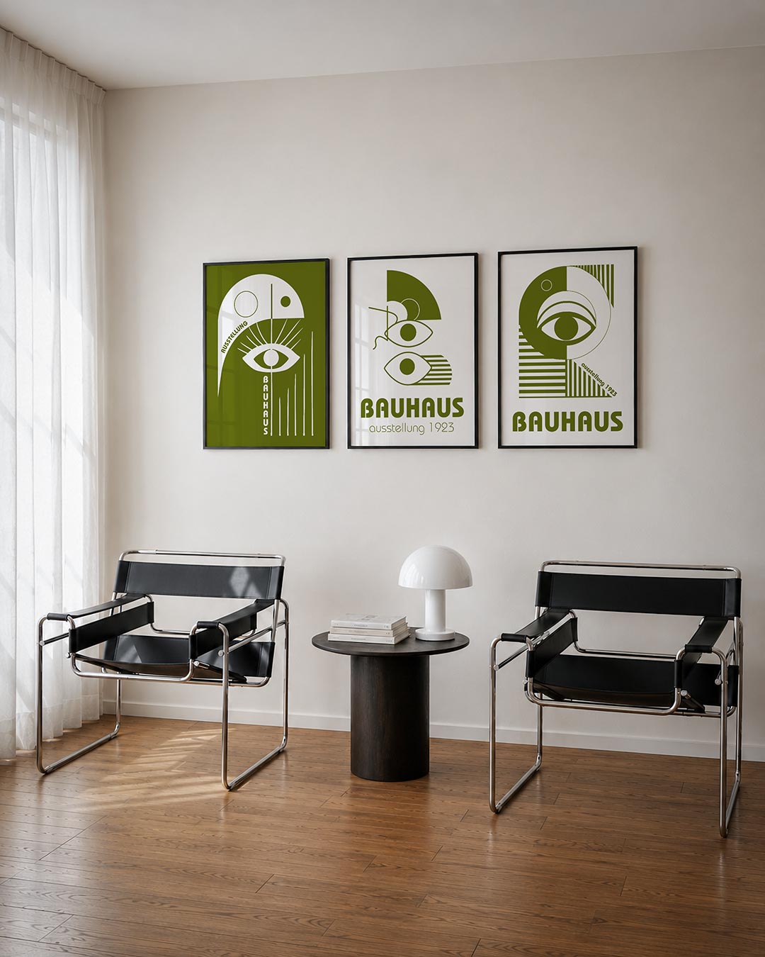 Oog en lijnen driedelige posterset – een groene achtergrond met een wit oog centraal. Rechte en gebogen lijnen creëren een