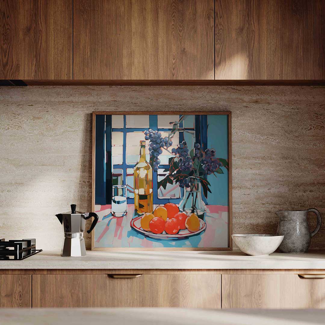 Stilleven met fruit en fles – culinaire wandkunst als vierkante poster
