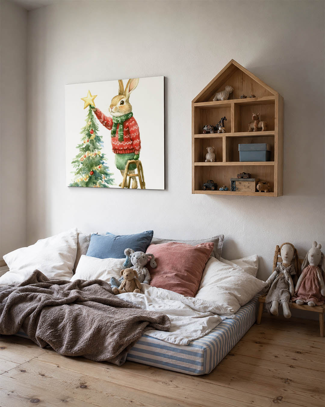 Kerstkonijn met boom kunstwerk – derde productweergave – een konijn in een rode trui en groene sjaal versiert een kerstboom