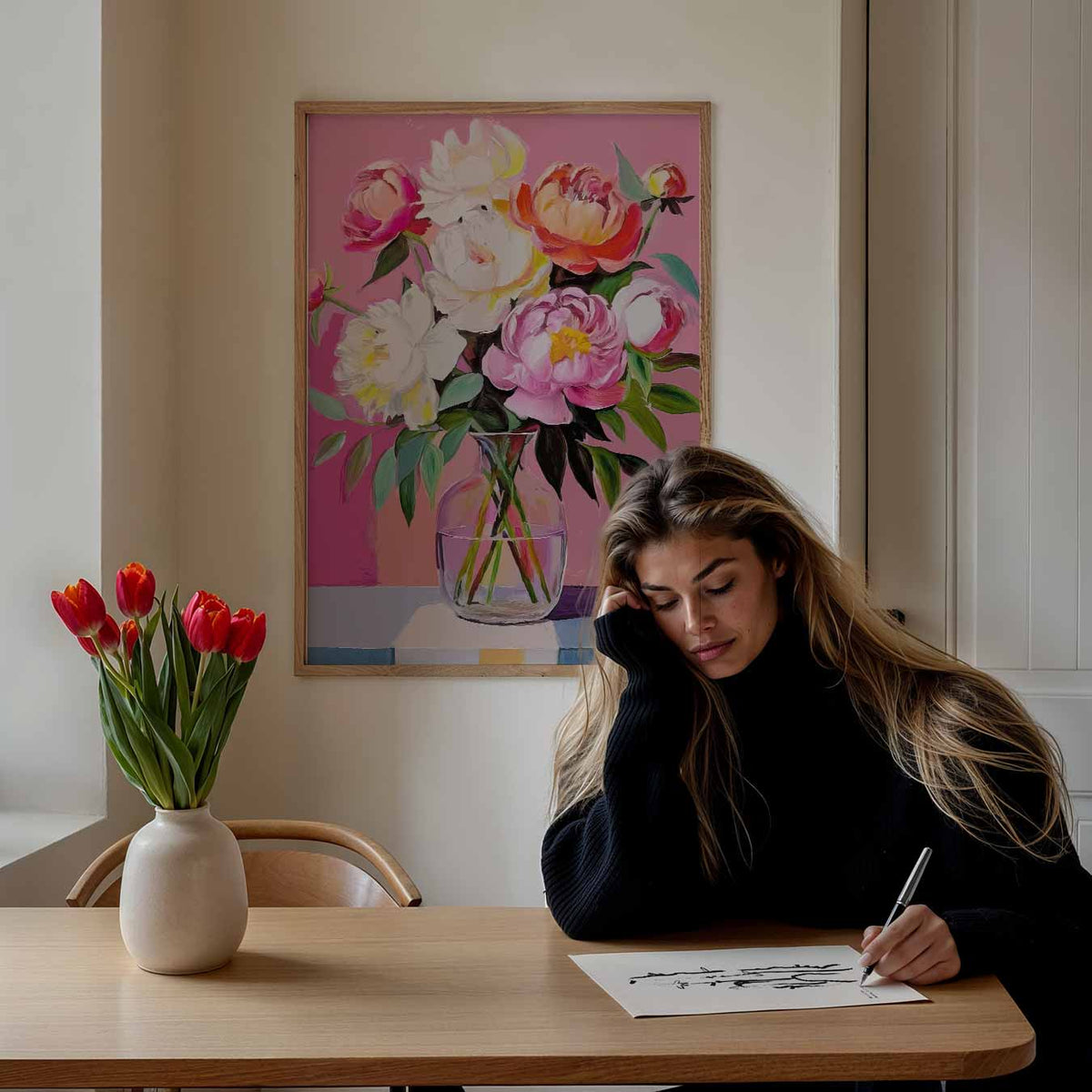 Bloeiend Peonies in Vaas – bloemen poster als moderne staande wanddecoratie