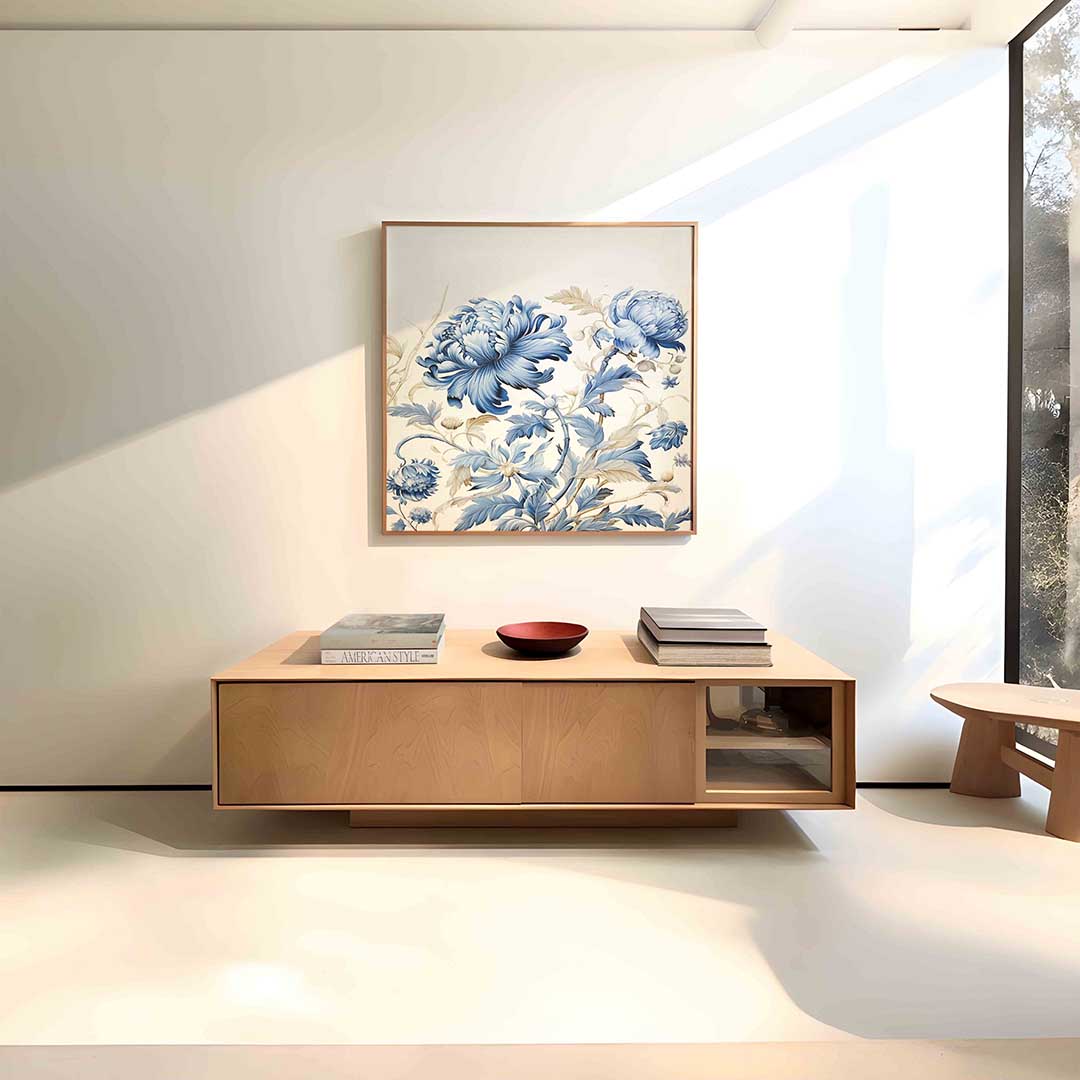 Blauwe bloemen – vierkante bloemen wanddecoratie van WallArtistic