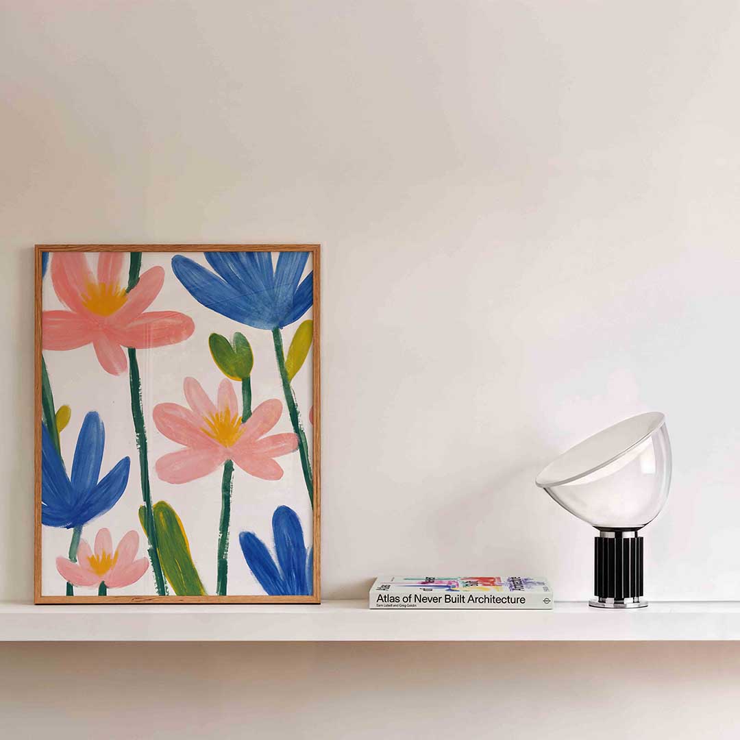 Bloemen in blauw en roze – bloemen wandkunst als portret poster