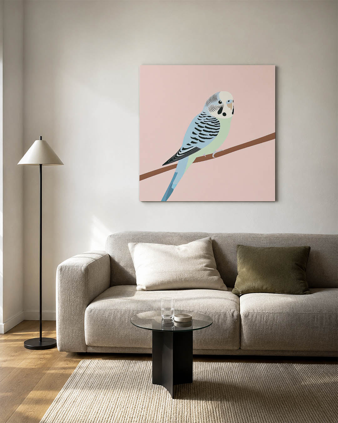 Vogel op tak kunstwerk – detailweergave – dit kunstwerk toont een vogel met subtiele lijnen en zachte kleuren, zittend op een