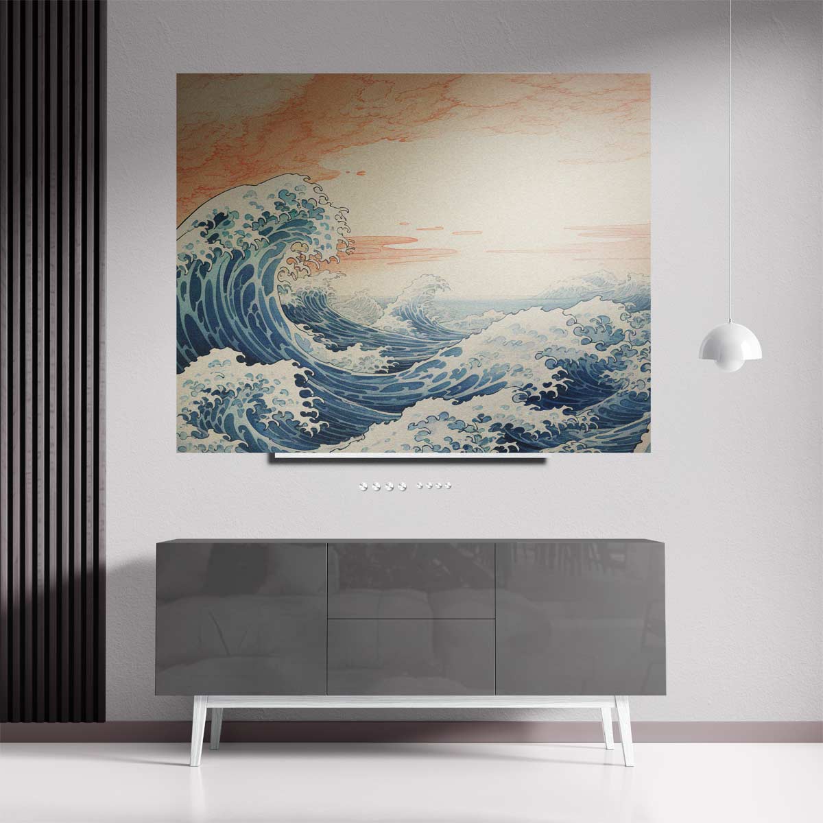 Dynamische Zeegolven Onder een Perzikkleurige Hemel – staande wandkunst voor woonkamer of interieur