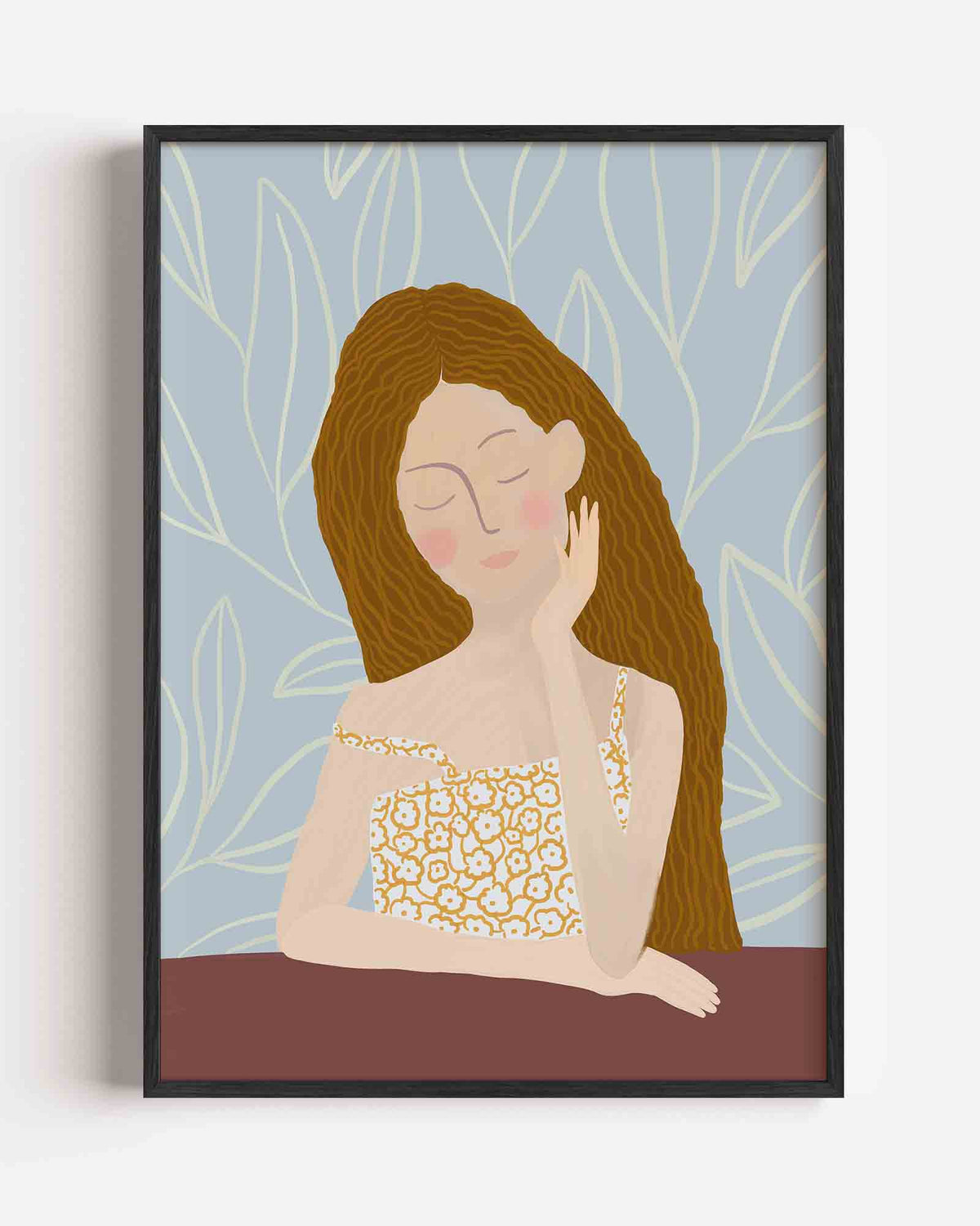 Vrouw met bloemenjurk – hedendaagse illustratie portret poster als wanddecoratie