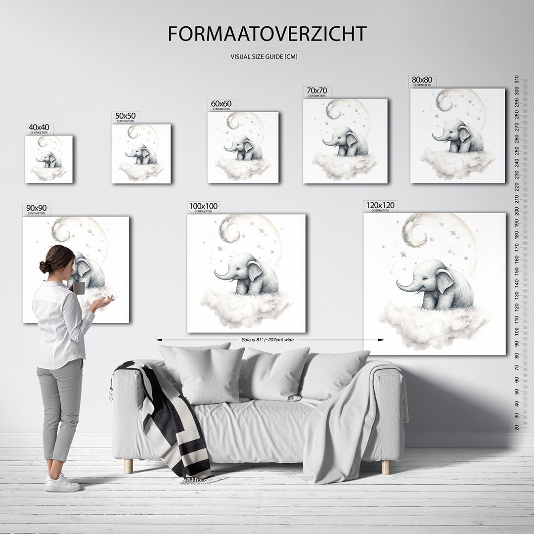 Dromerige olifant kunstwerk – sfeerbeeld – een schattige olifant zit op een wolk onder een grote maan, omringd door sterren.