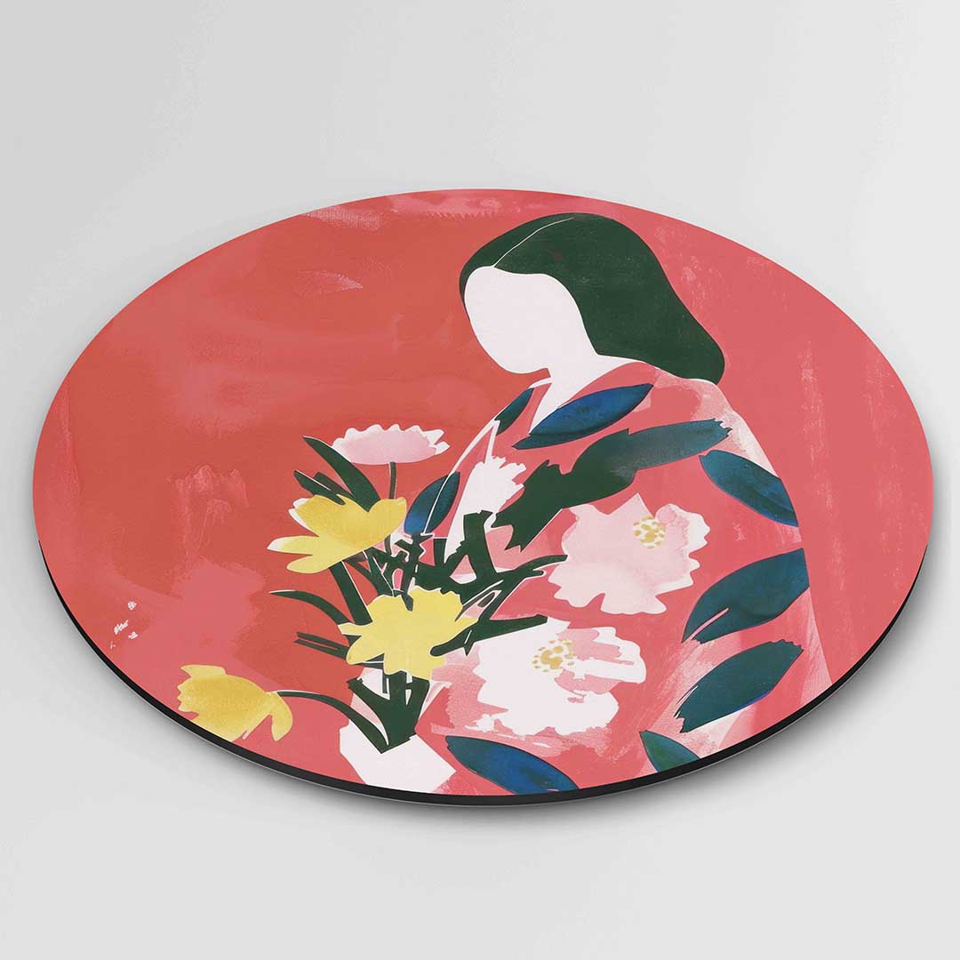 Vrouw met bloemen – kleurrijke ronde wanddecoratie van WallArtistic