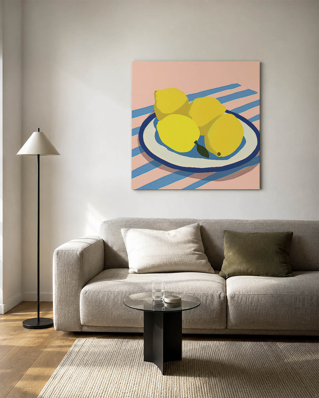 Citroenen op streepjes kunstwerk – vierkante wanddecoratie – dit werk toont een bord met felgele citroenen op een roze