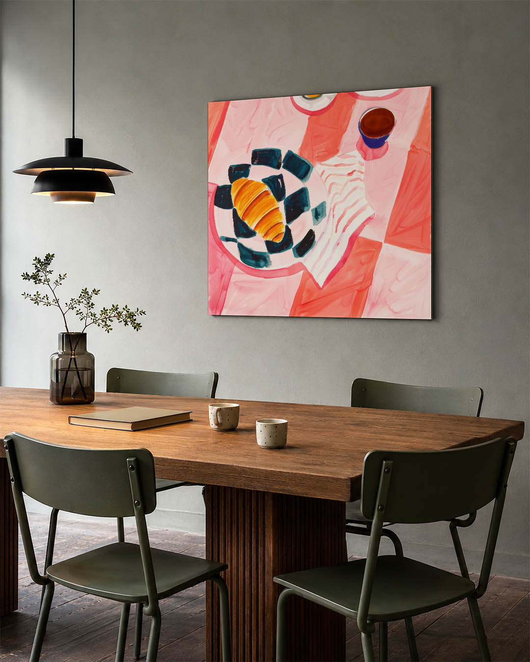 Vrolijk ontbijt tafereel kunstwerk – tweede productweergave – dit werk toont een kleurrijk tafereel met een croissant op een