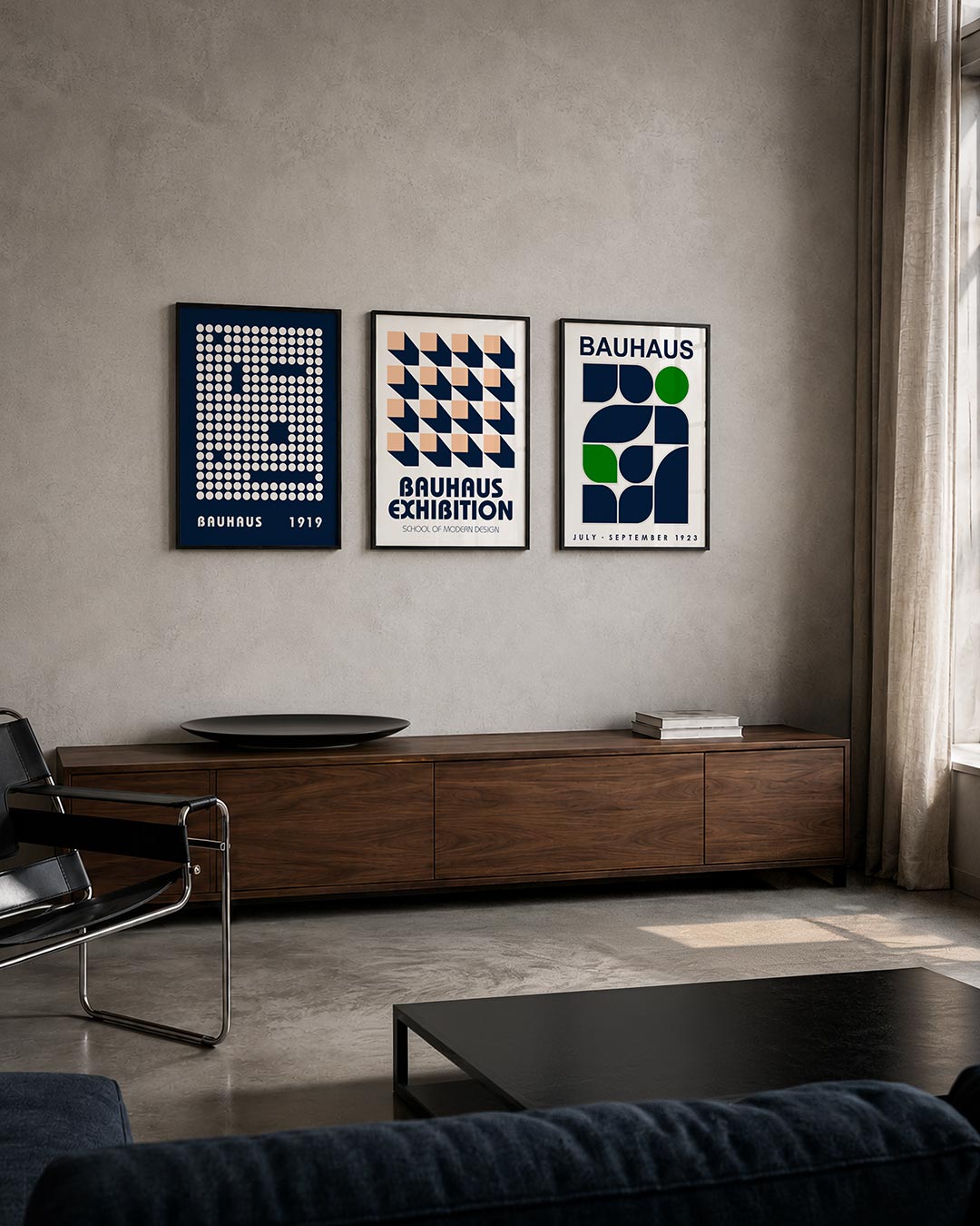 Cirkelpatroon blauw posterset – tweede productweergave – een raster van witte cirkels op een diepblauwe achtergrond, met