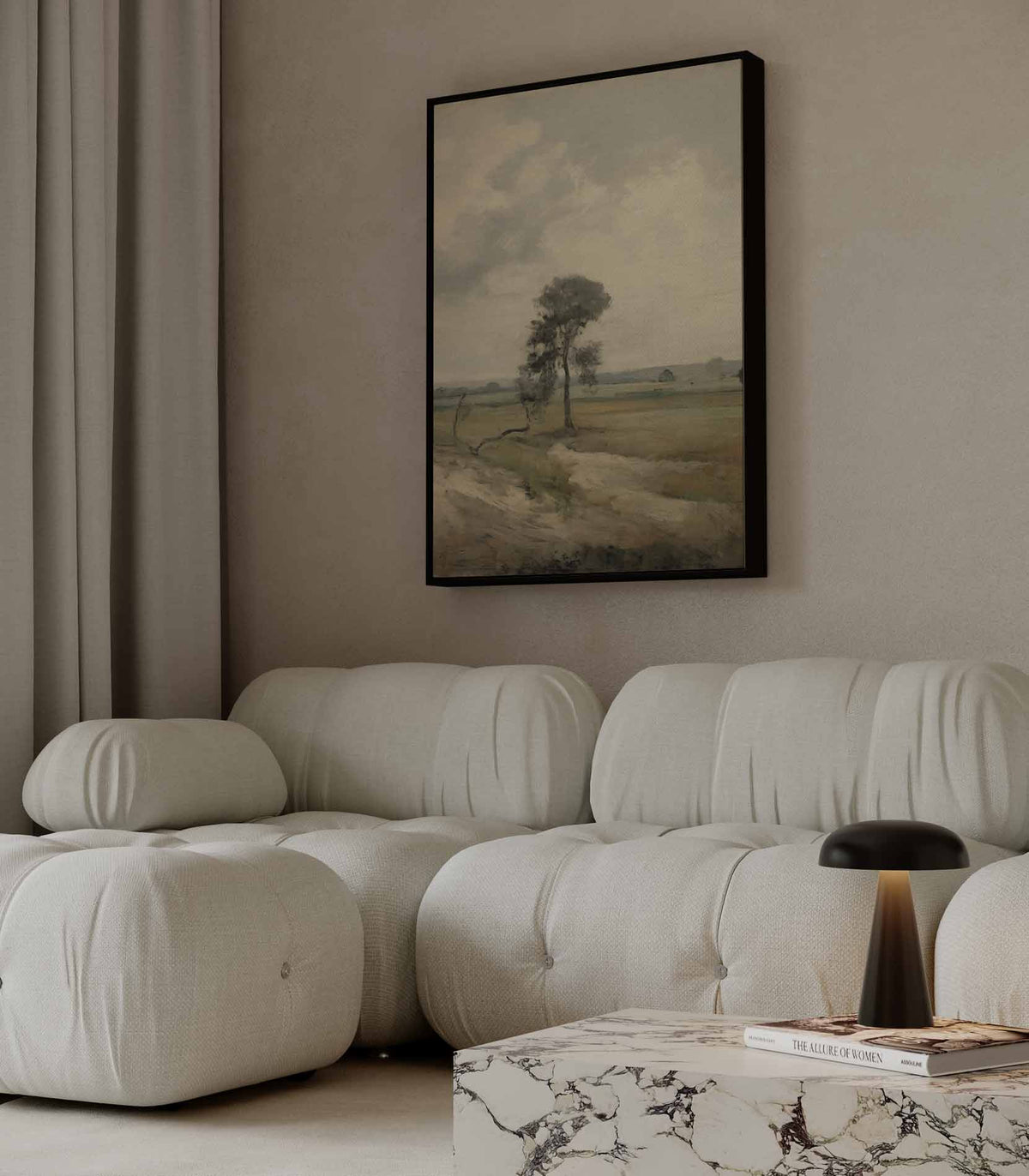 Eenzame Boom in Landschap – kunstwerk met zwarte baklijst
