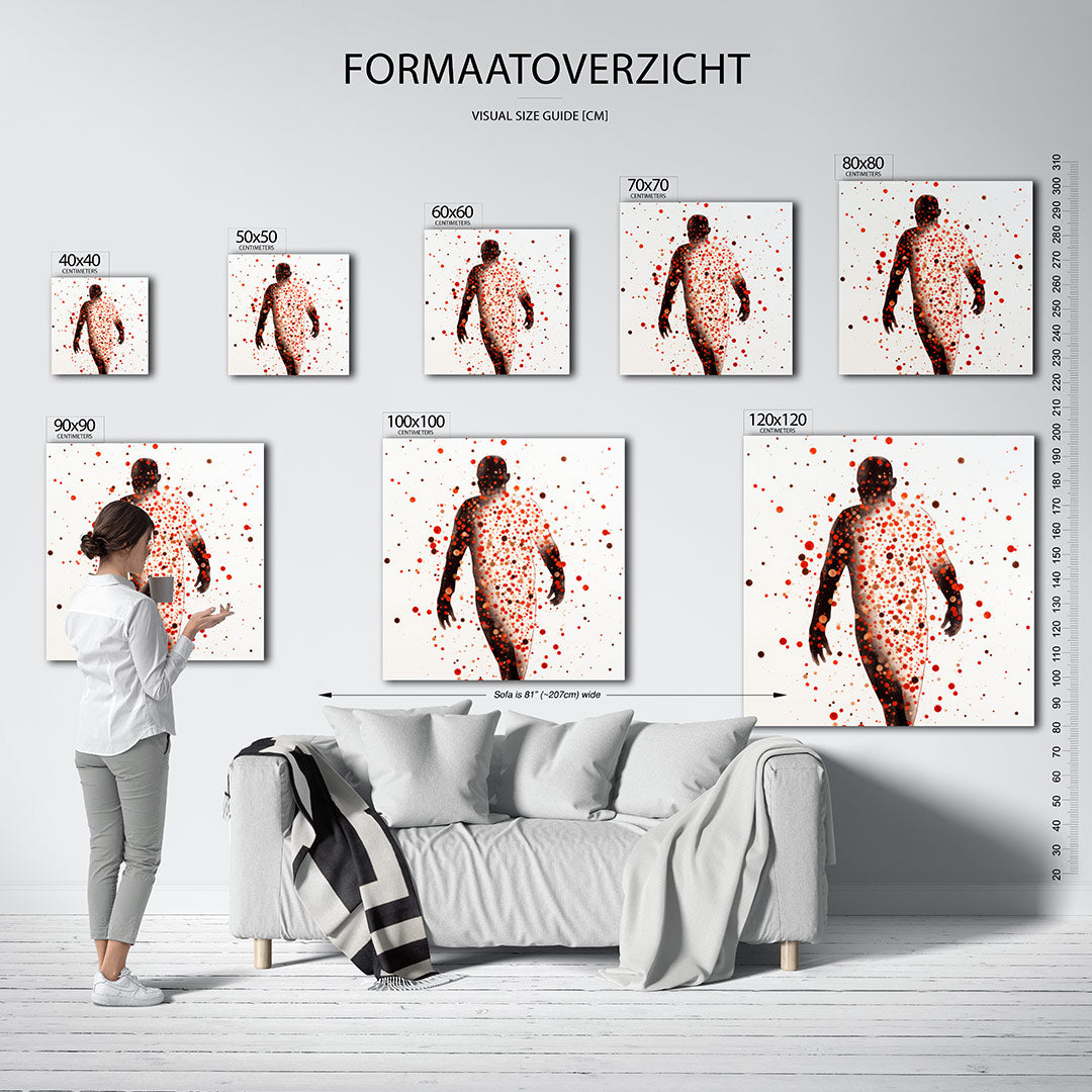 Vorm en puntenspel kunstwerk – sfeerbeeld – dit werk toont een silhouet bedekt met een patroon van kleurrijke stippen. De