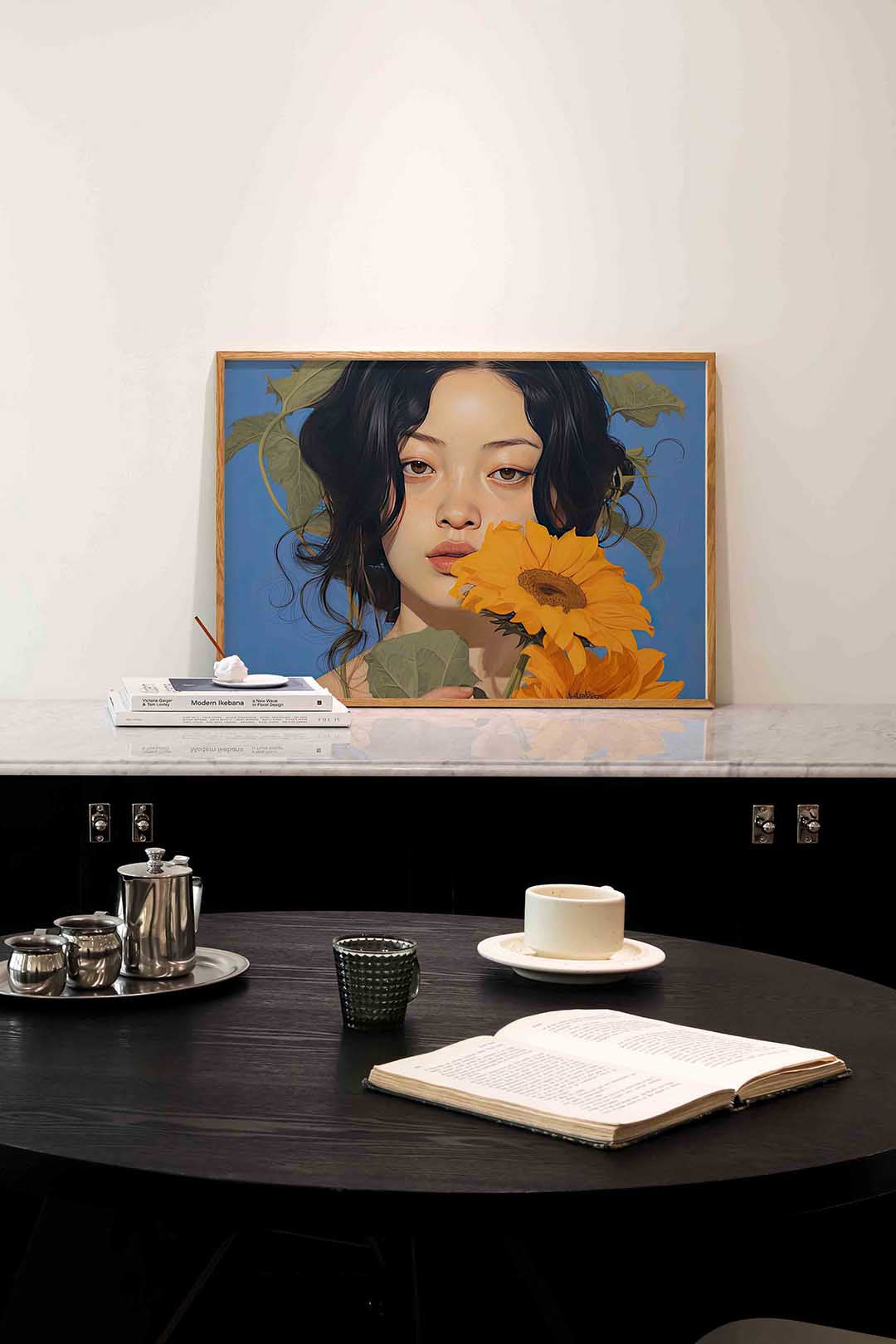 Vrouw met zonnebloem – portret poster in liggend formaat