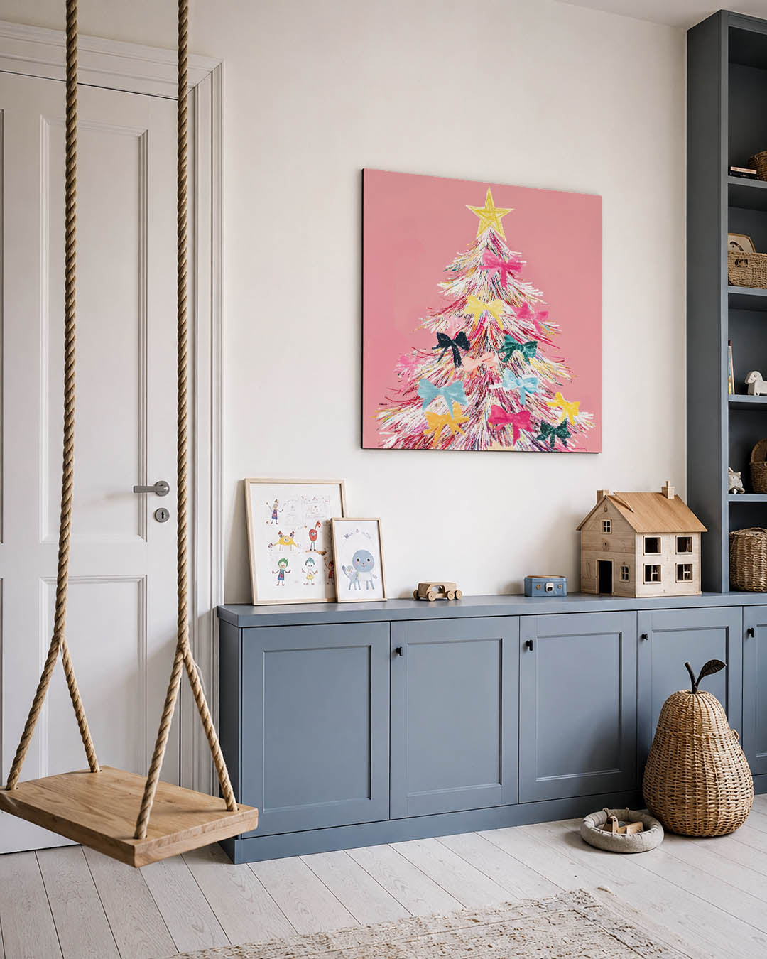Kleurrijke kerstboom kunstwerk – vierkante wanddecoratie – dit werk toont een feestelijke kerstboom met een ster bovenop