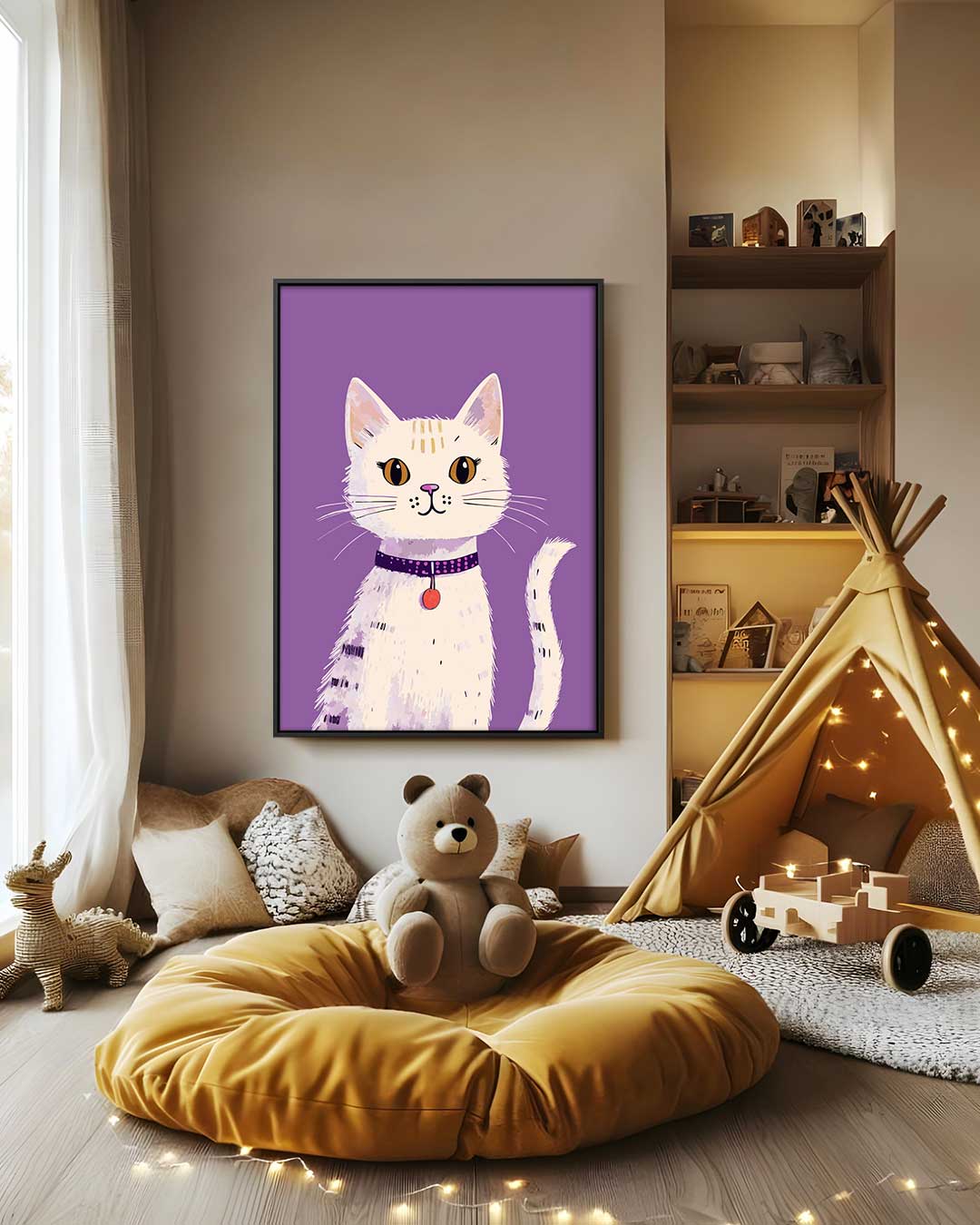 Speelse Kat op Paarse Achtergrond – modern portret kunstwerk van WallArtistic