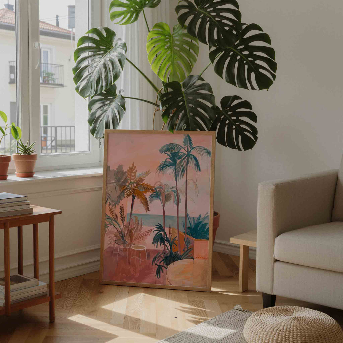 Palmbomen en zee – moderne wandkunst als portret poster