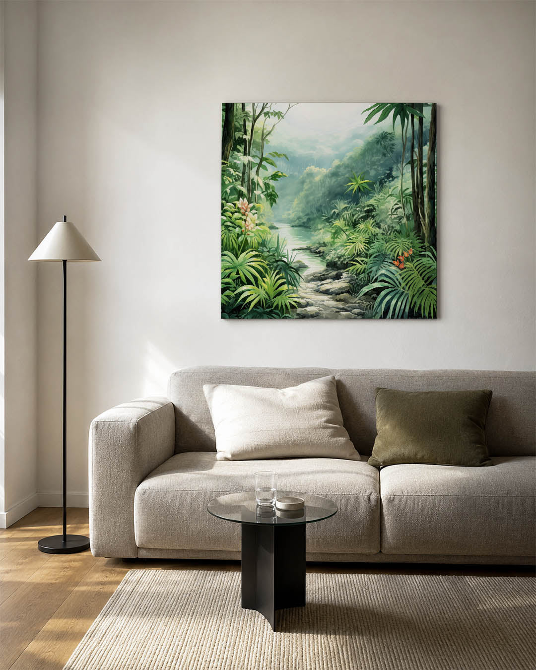 Weelderig boslandschap kunstwerk – detailweergave – dit werk toont een weelderig bos met diverse groene tinten en een serene